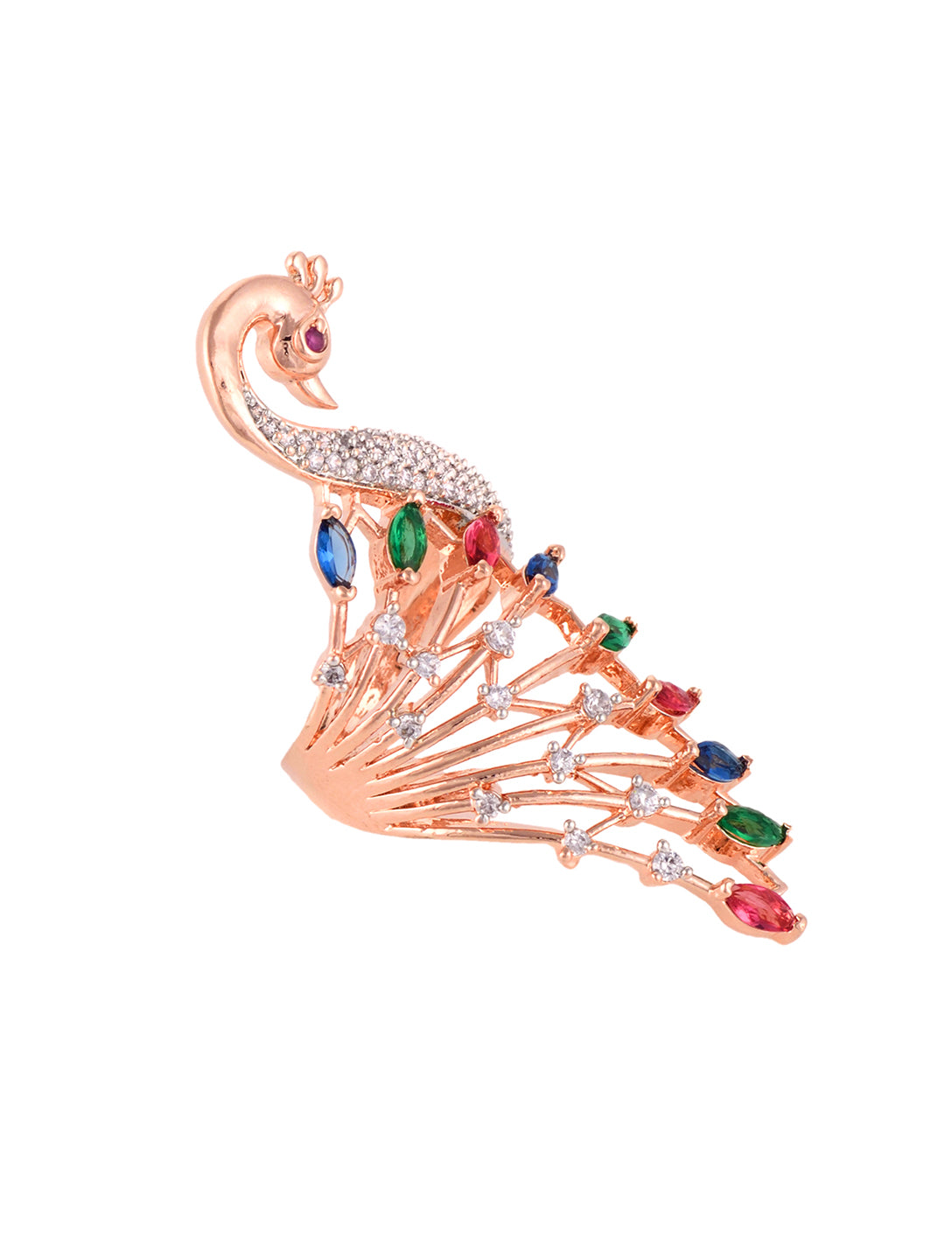 Rose Gold Plated Multi AD studded Peacock Handcrafted Finger Ring