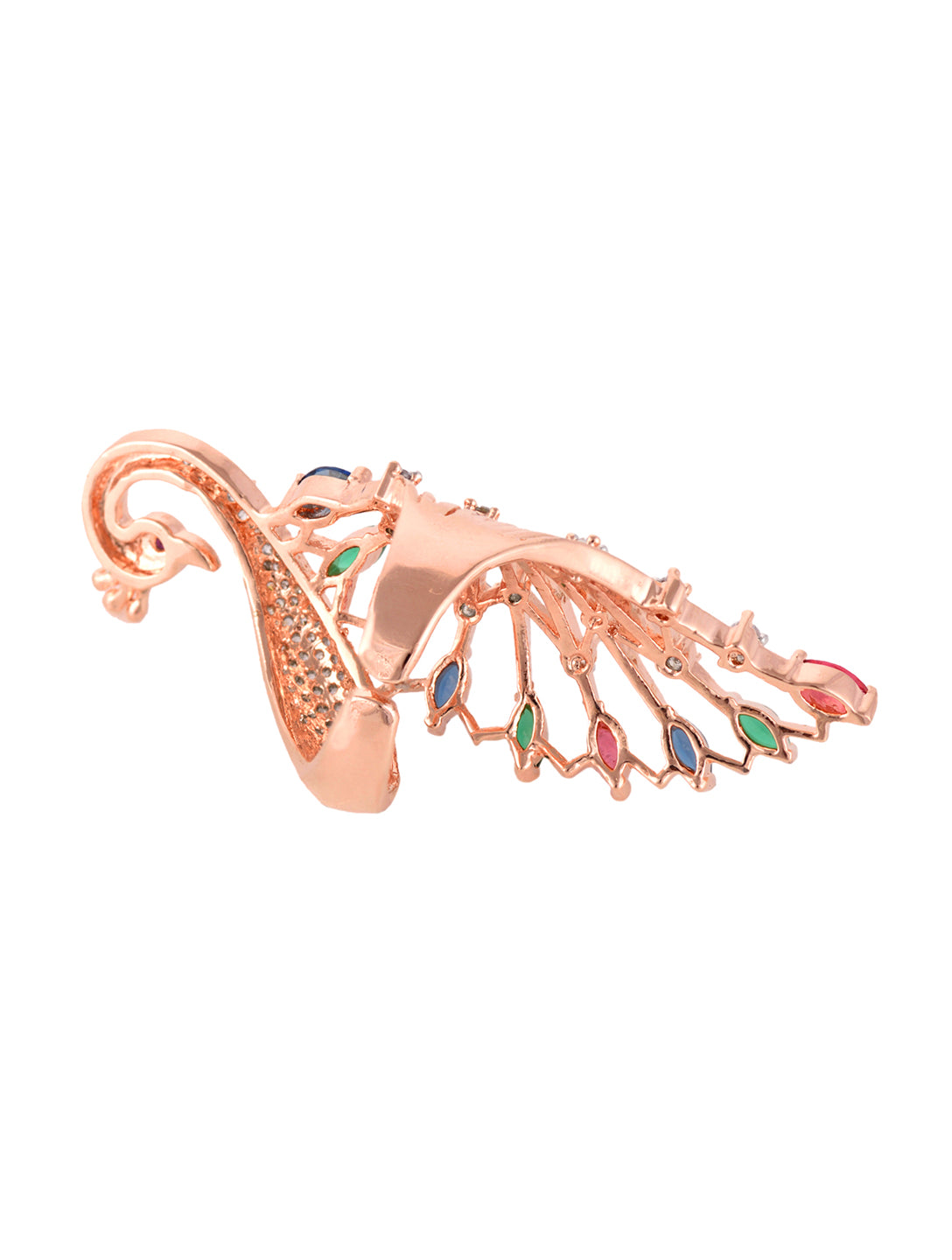 Rose Gold Plated Multi AD studded Peacock Handcrafted Finger Ring