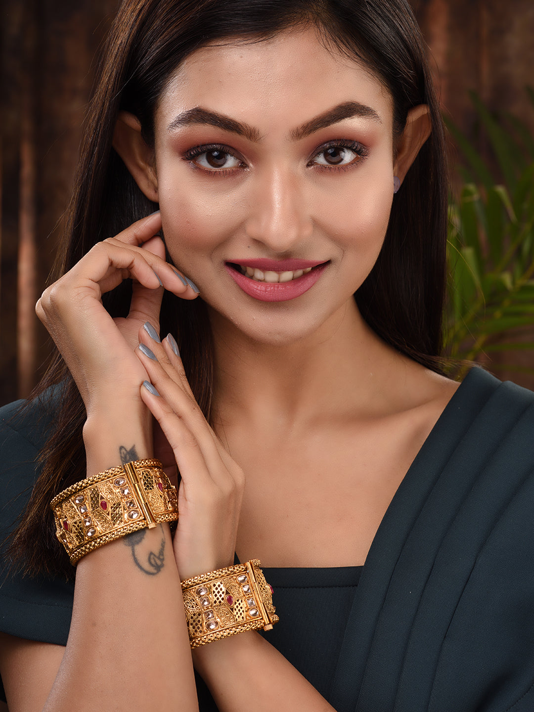 Set Of 2 Gold Plated Multi stone Studded Antique Bangles