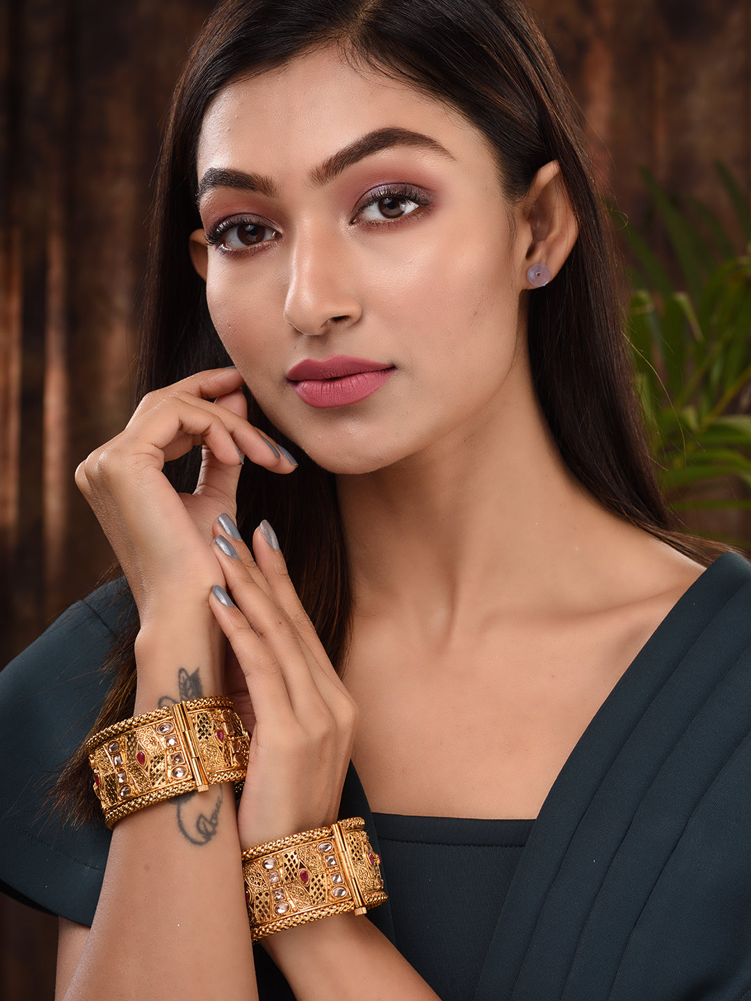 Set Of 2 Gold Plated Multi stone Studded Antique Bangles