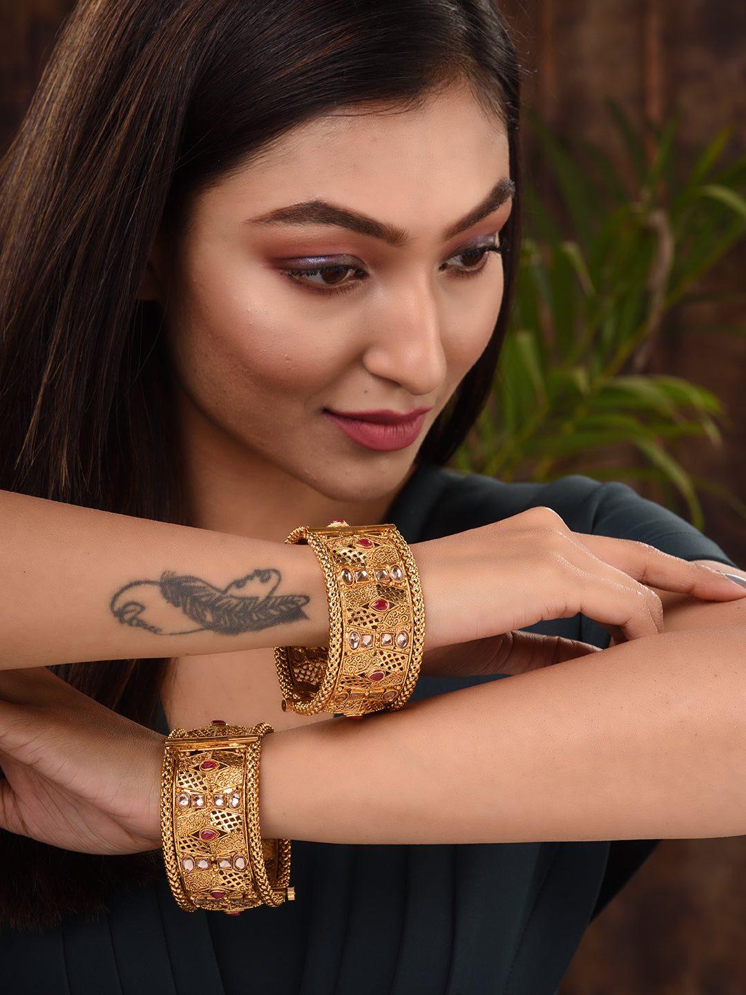 Set Of 2 Gold Plated Multi stone Studded Antique Bangles