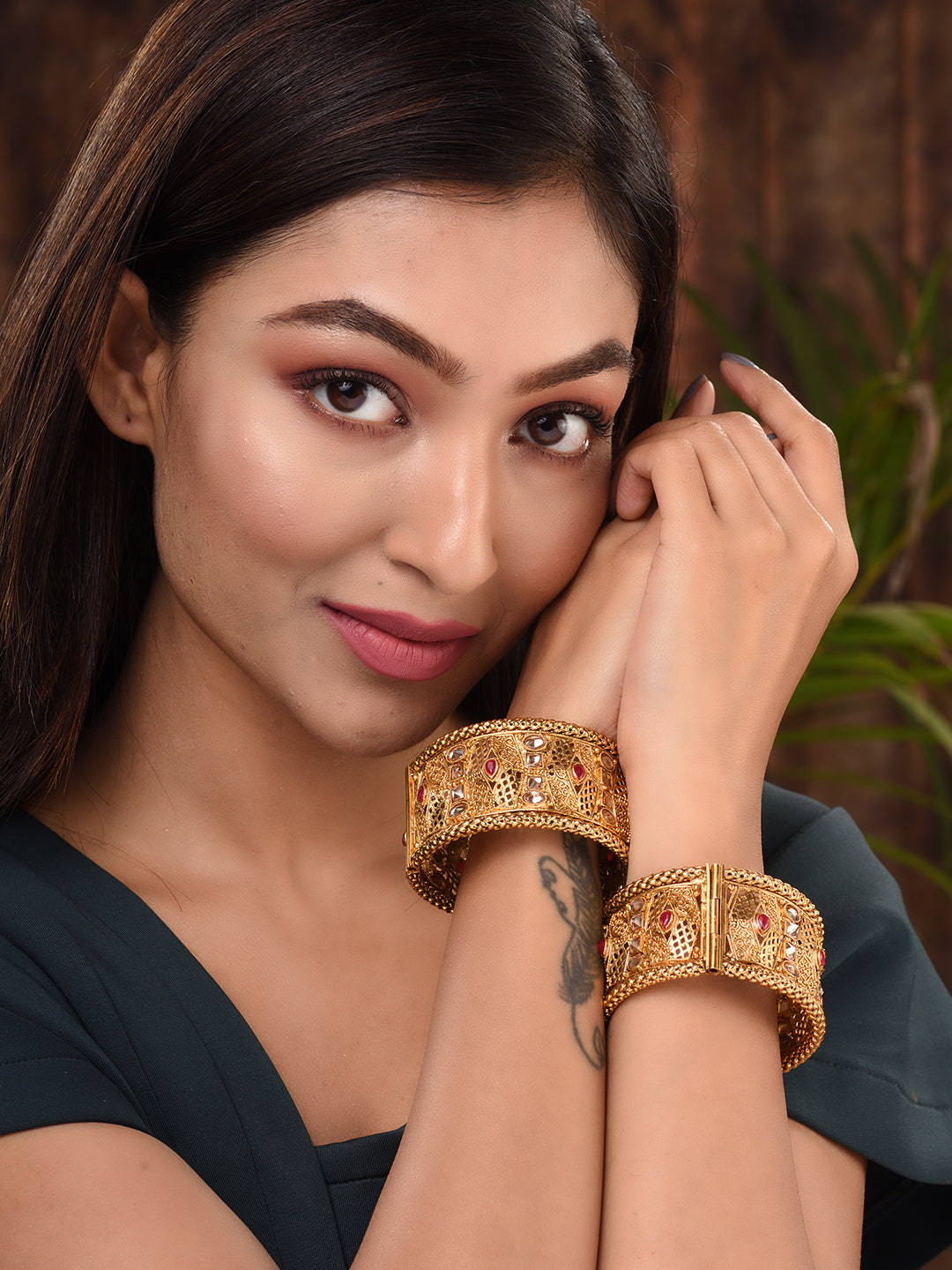 Set Of 2 Gold Plated Multi stone Studded Antique Bangles