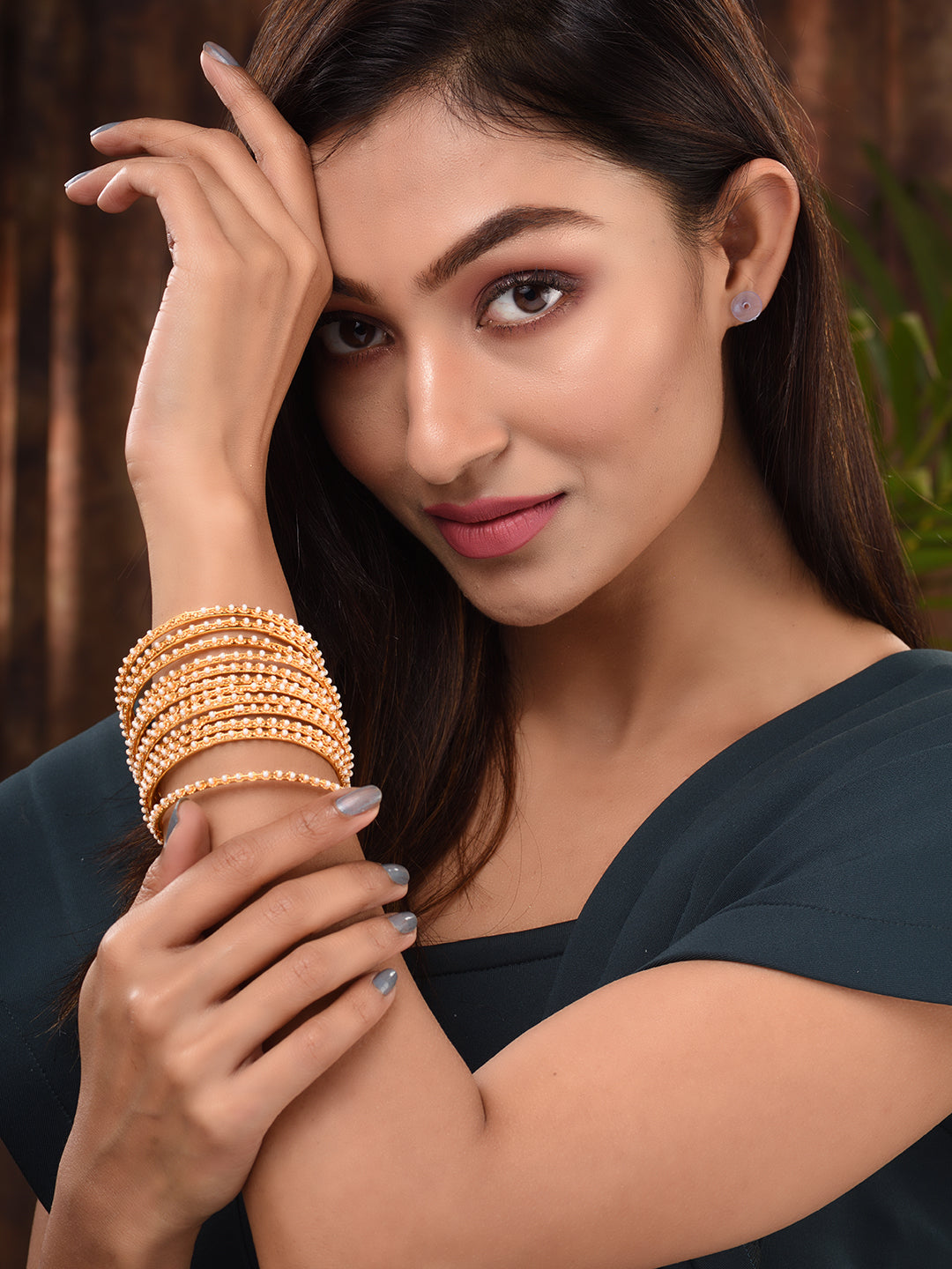 Set Of 12 Gold Plated & Pearl Studded Bangles