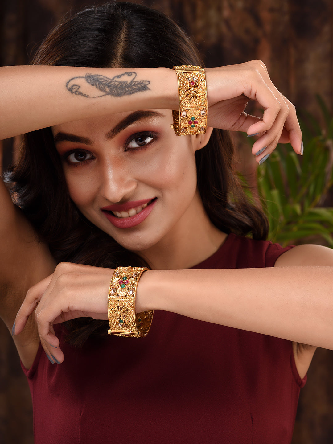 Set Of 2 Gold Plated Multi stone Studded Antique Bangles