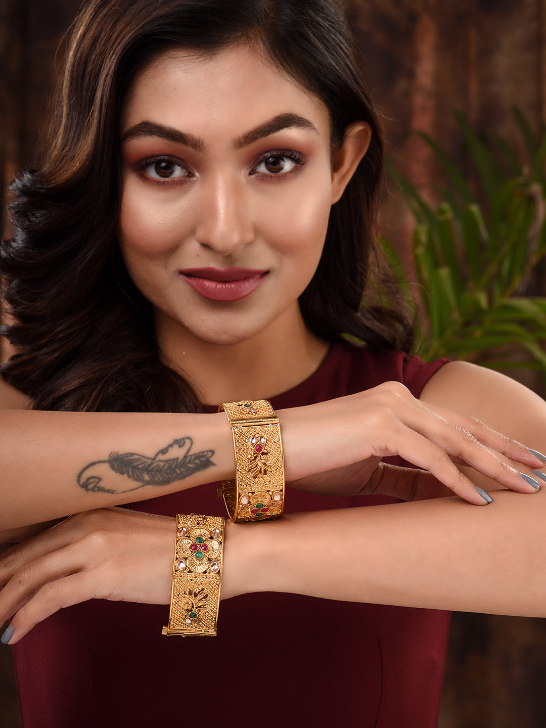 Set Of 2 Gold Plated Multi stone Studded Antique Bangles