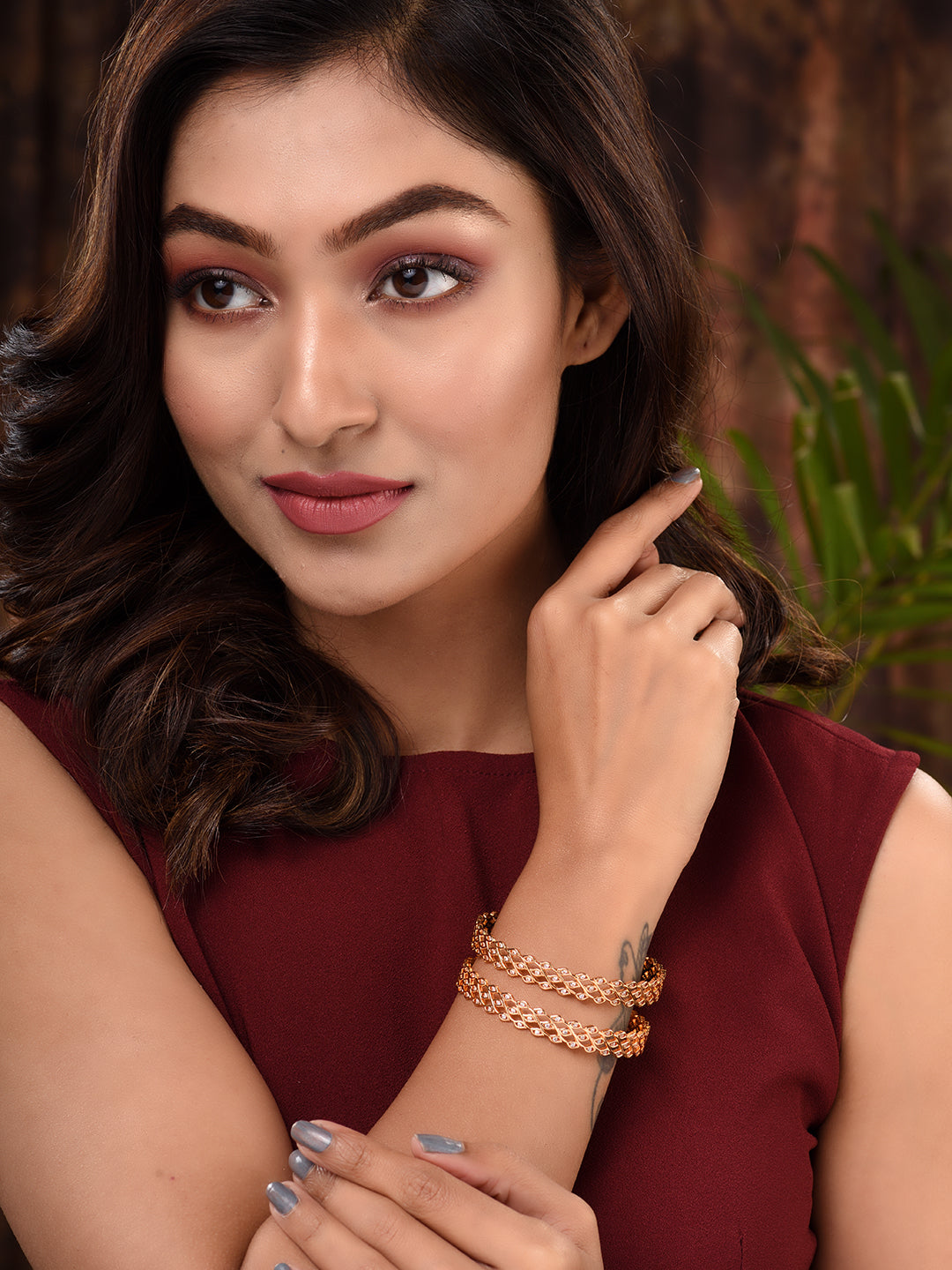 Rose Gold Plated Set Of 2 AD Studded Handcrafted Designer Bangles