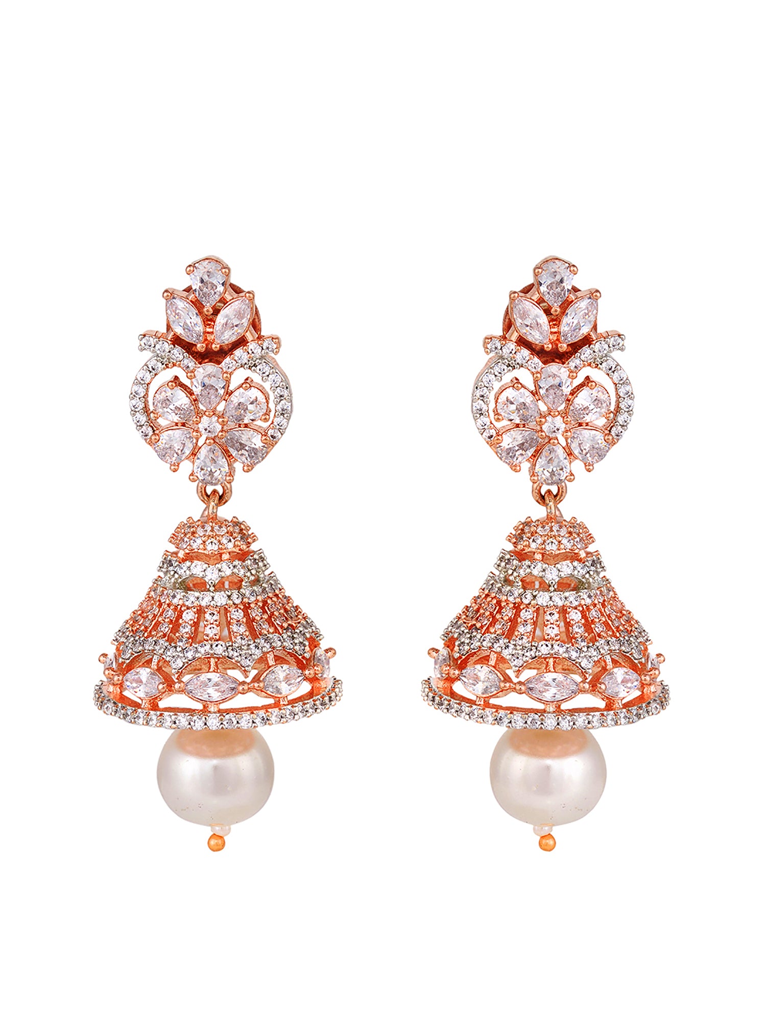 Rose Gold plated AD studded Bell shaped Hanfcrafted Jhumka Earring