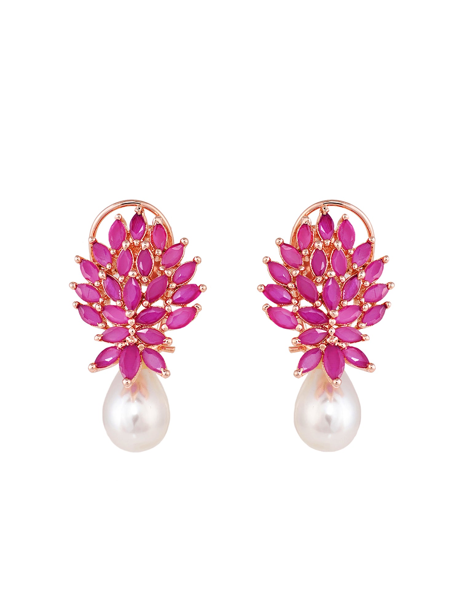 Rose Gold Plated Luxurious Pink AD studded Pearl Drop Earring