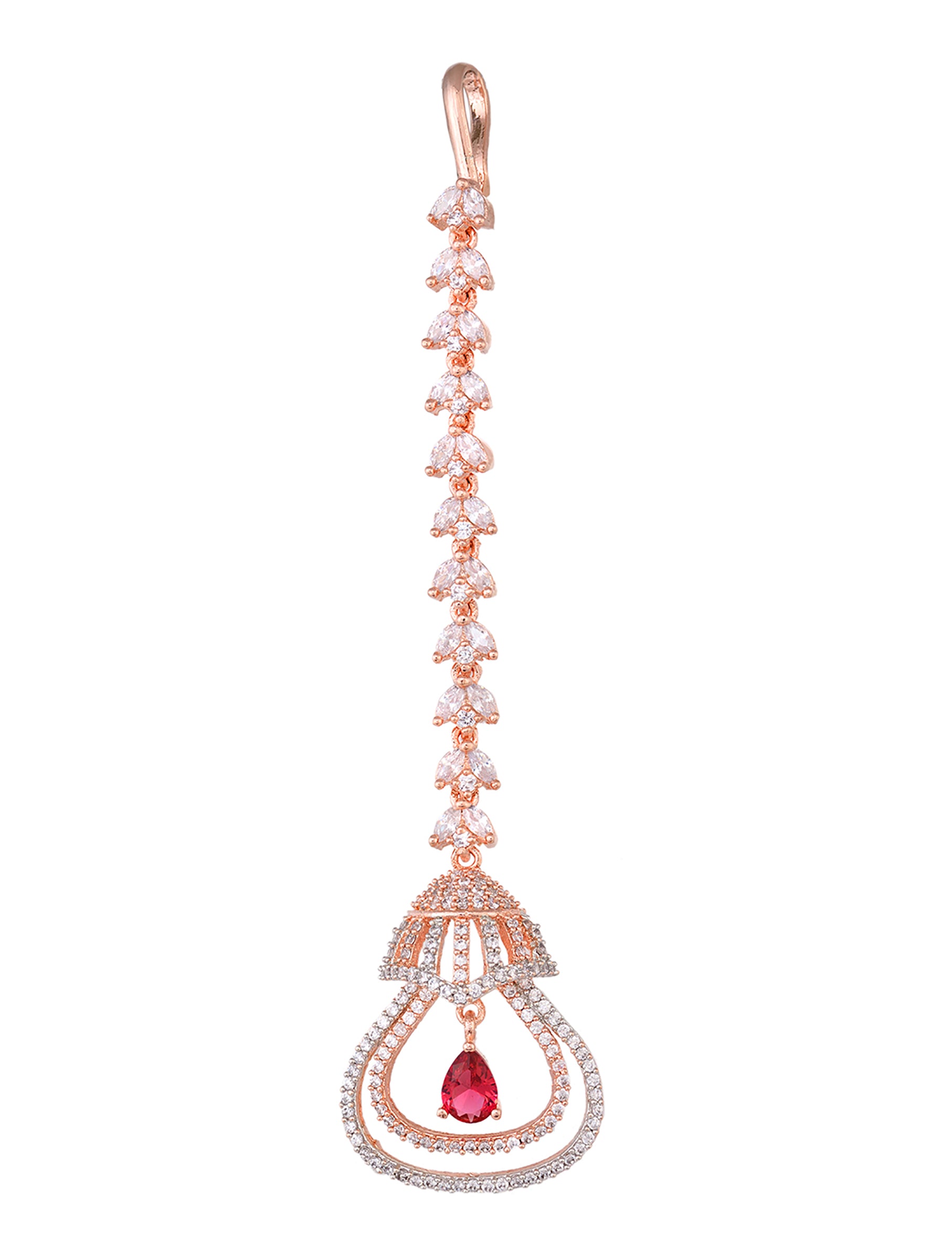 Rose Gold plated Ruby AD studded Bell shaped Handcrafted Maang Tika