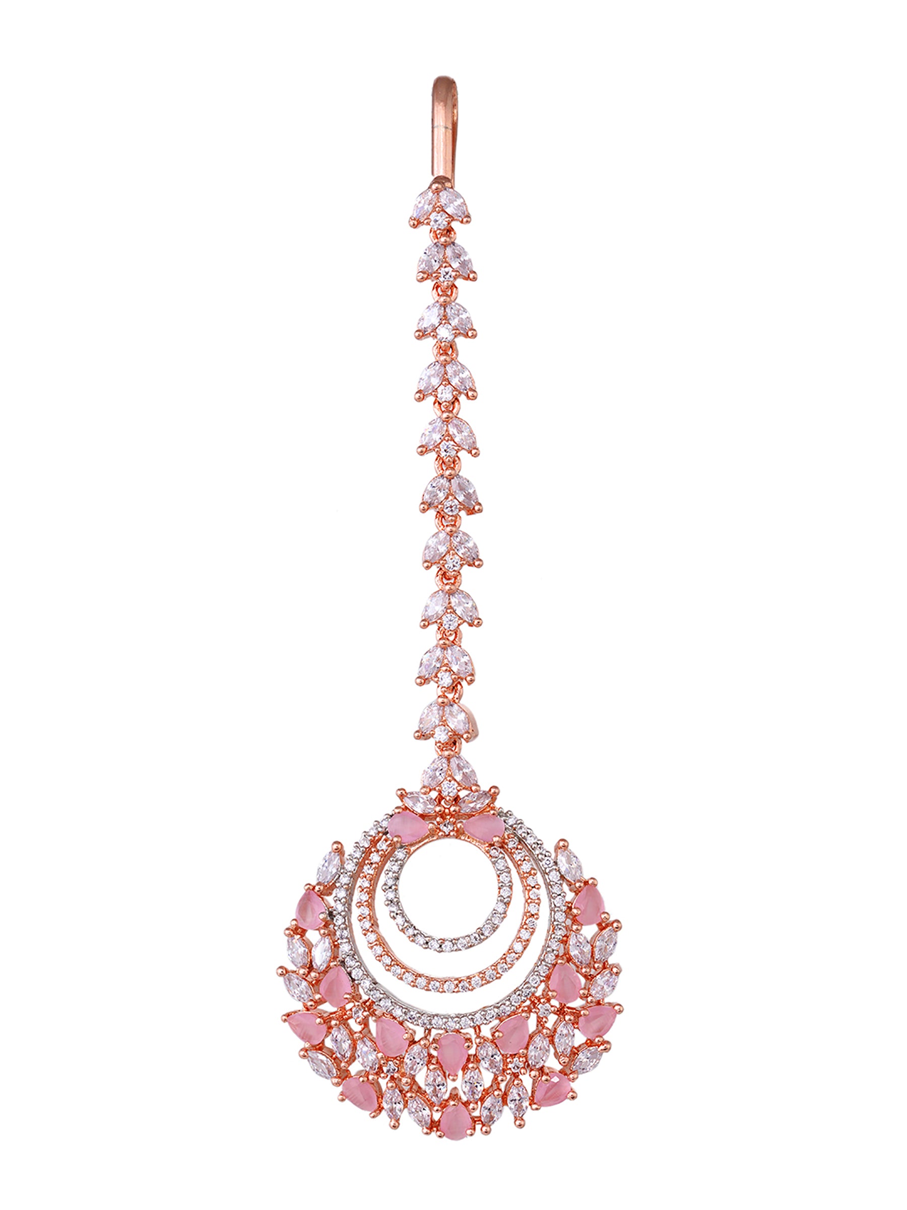 Rose Gold plated Pink AD studded Circular design Handcrafted Maang Tika