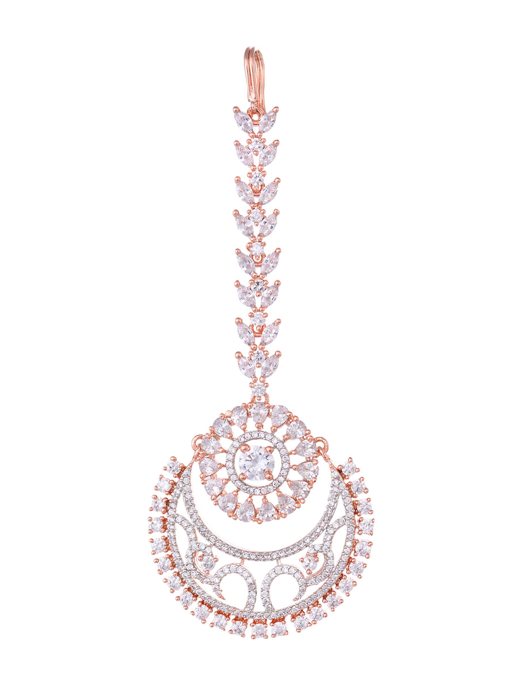 Rose Gold plated AD studded Half Moon shaped Handcrafted Maang Tika