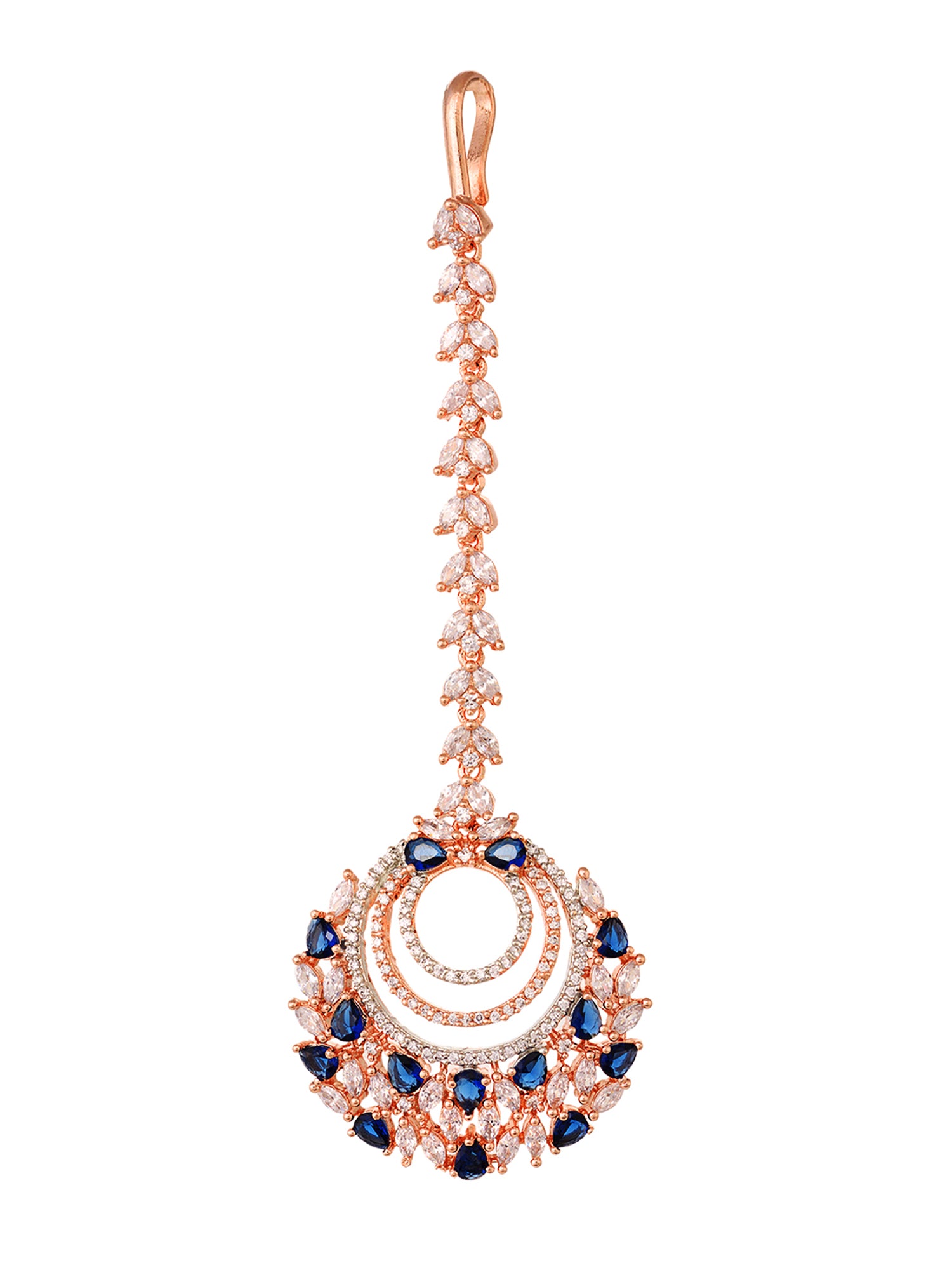 Rose Gold plated Blue AD studded Circular design Handcrafted Maang Tika