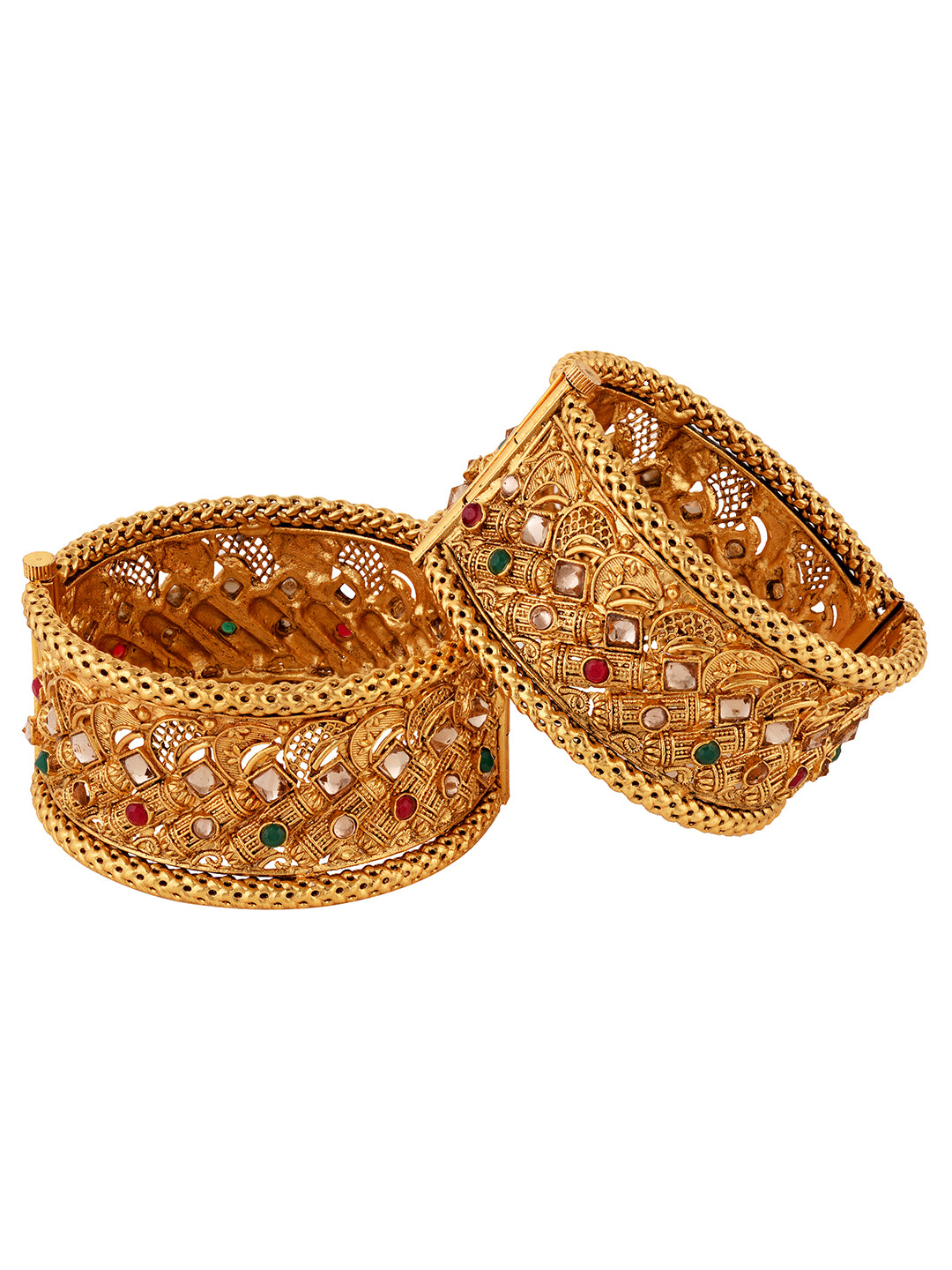 Set Of 2 Gold Plated Multi stone Studded Embellished Bangles