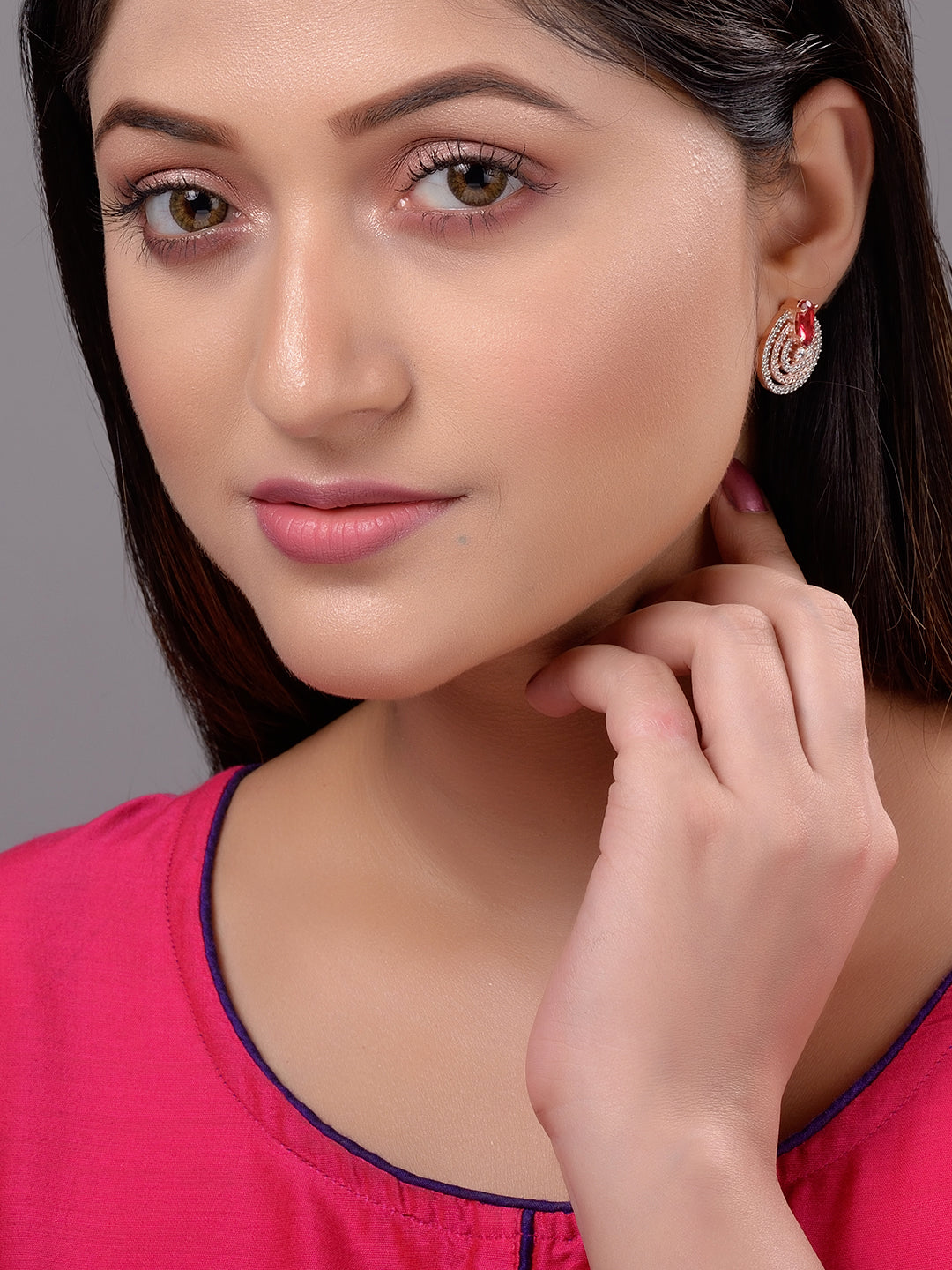 Rose Gold Plated Red and White AD Studded Concentric Studs Earrings