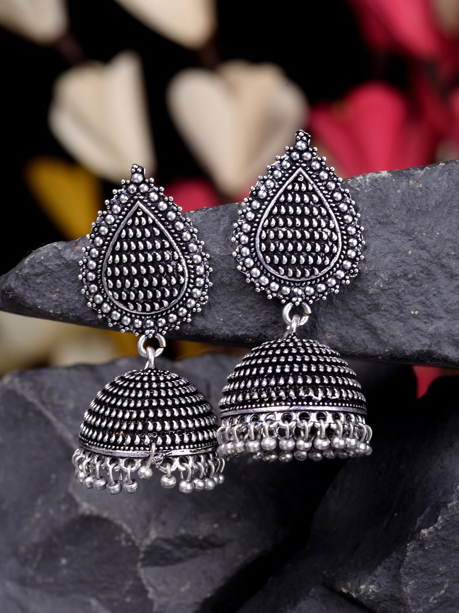 Oxidised Silver Plated Tilak Shaped Jhumka Earrings