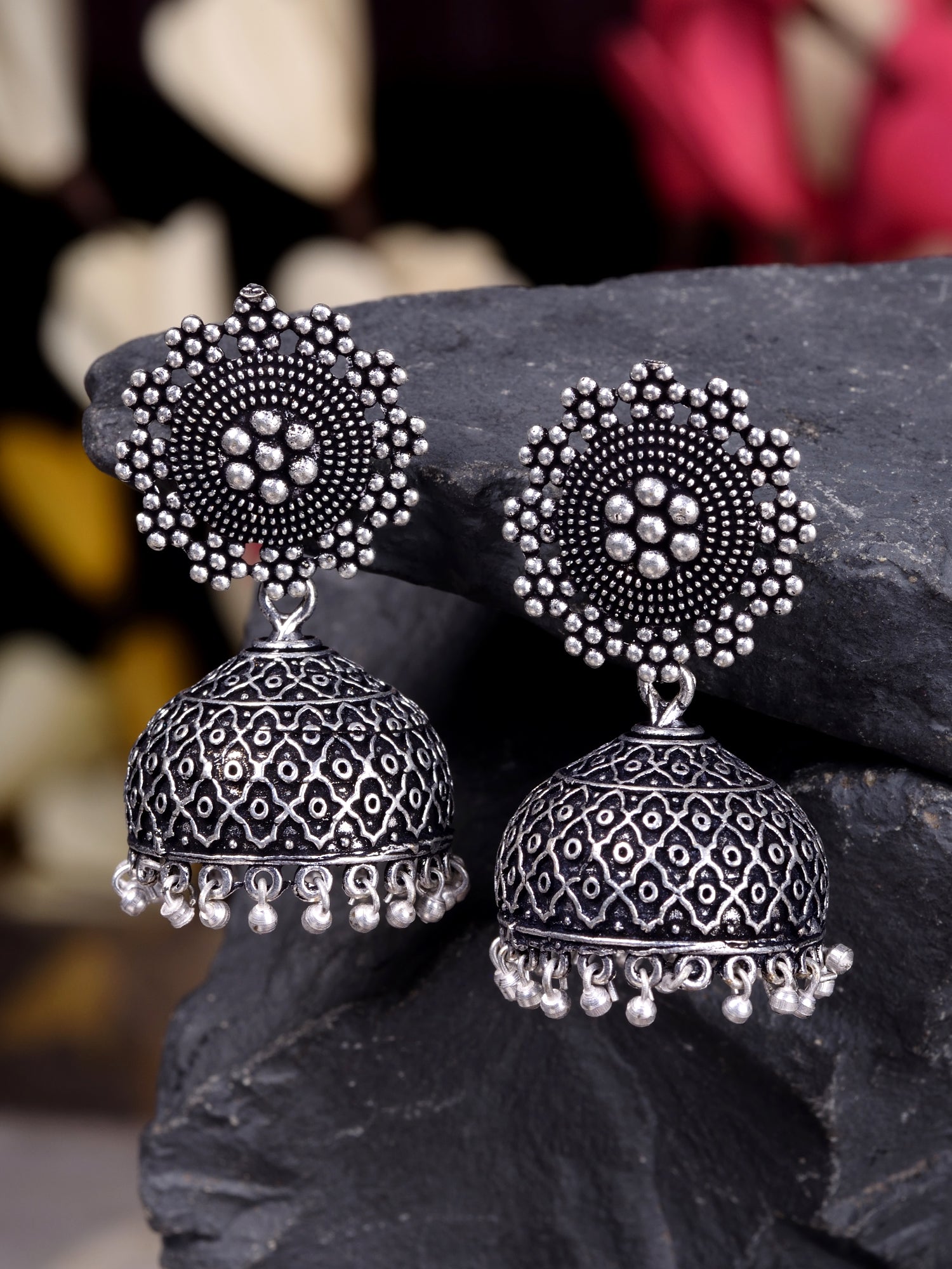 Silver Oxidised Filigree Dome Shaped Jhumka Earrings