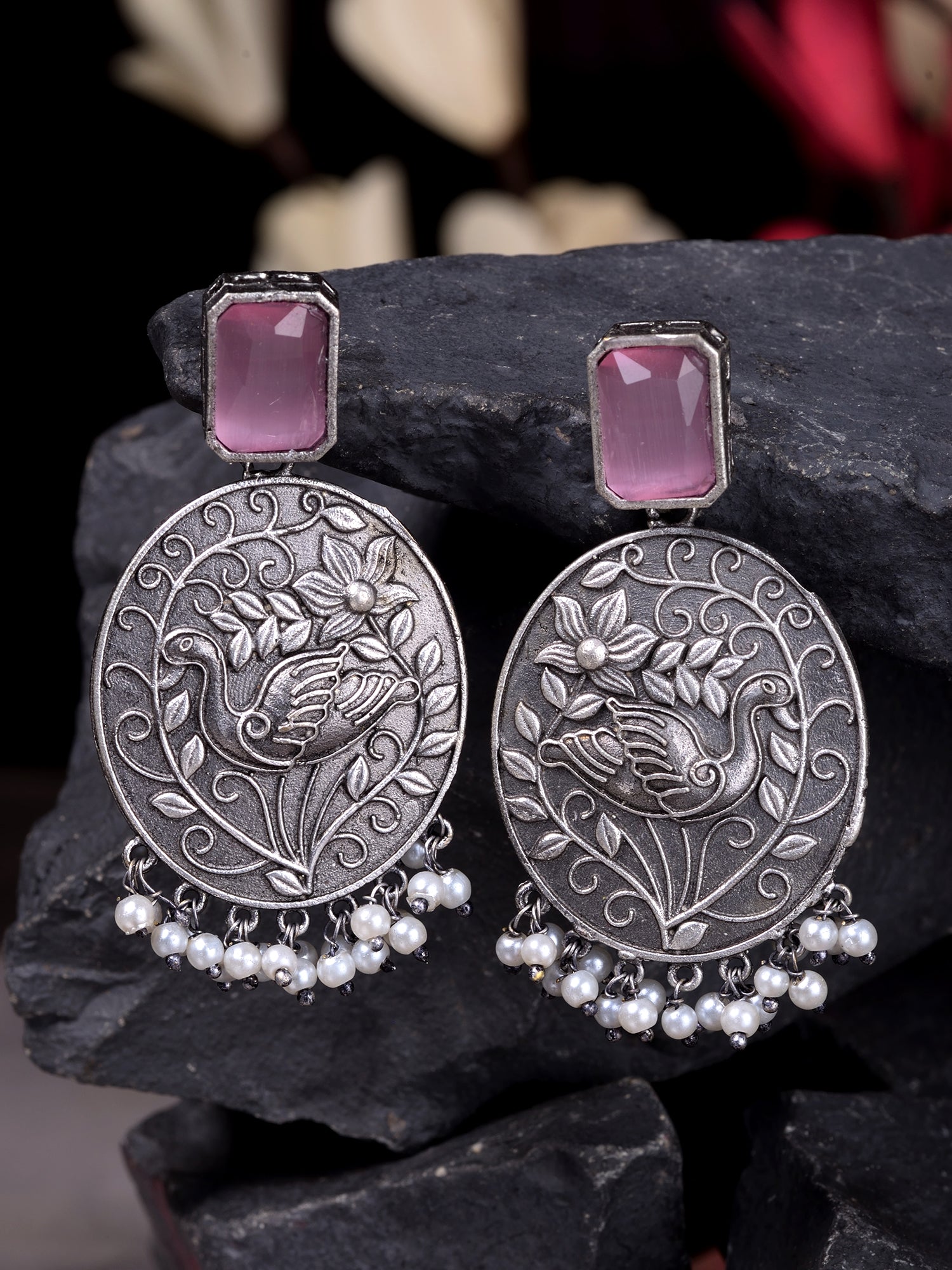 Silver Oxidised Pink Stone Studded Contemporary Earrings