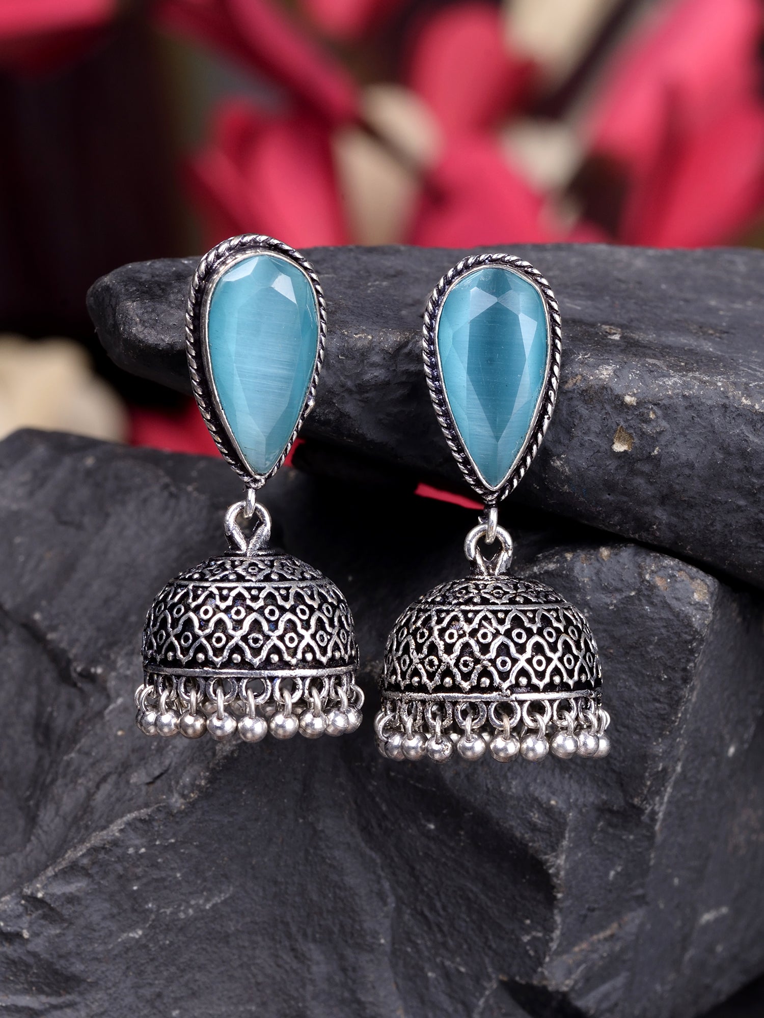 Oxidised Silver Turquoise Stone Studded Filigree Jhumka Earrings