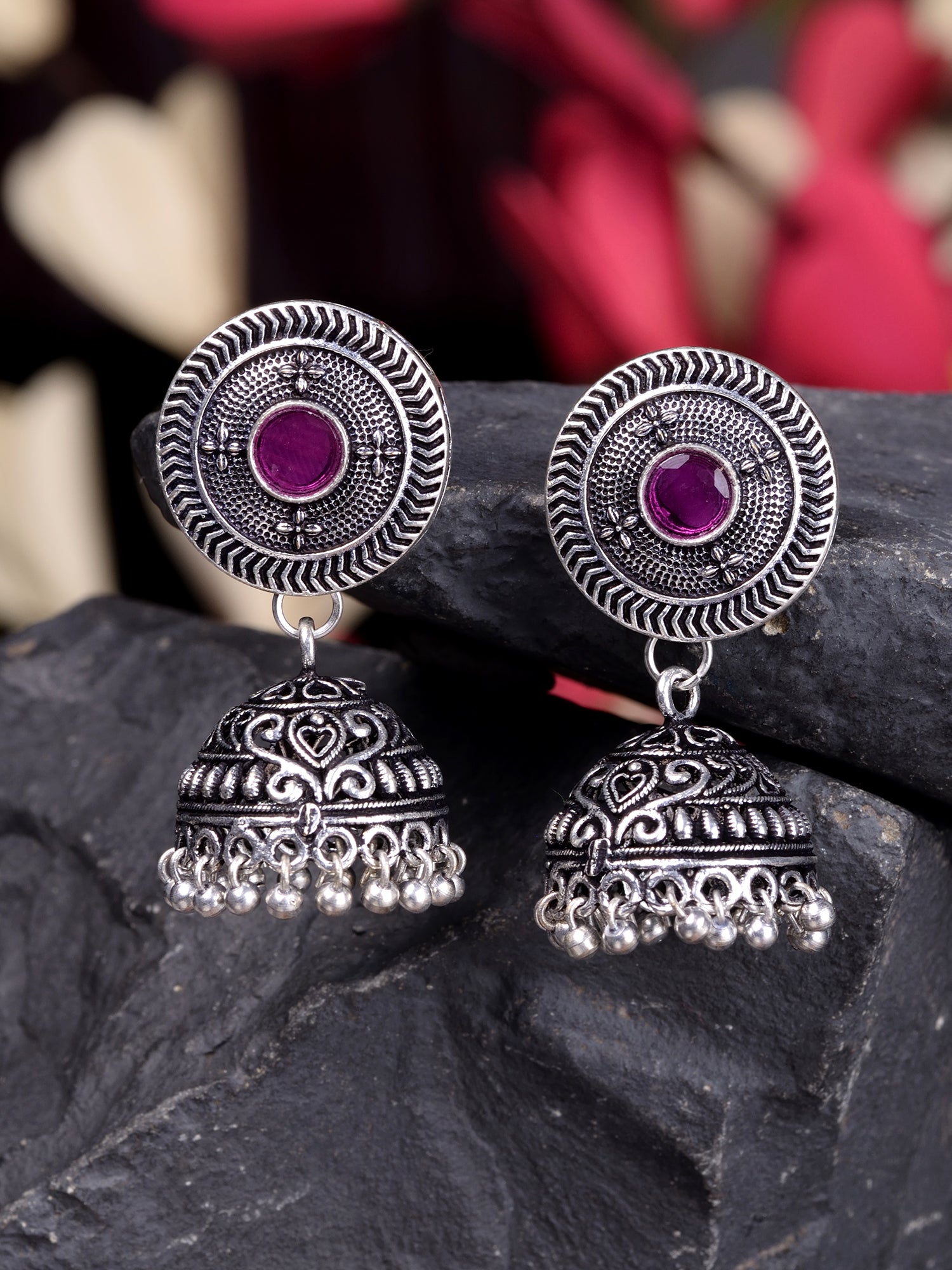 Oxidised Silver Plated Red Stone Studded Jhumka Earrings