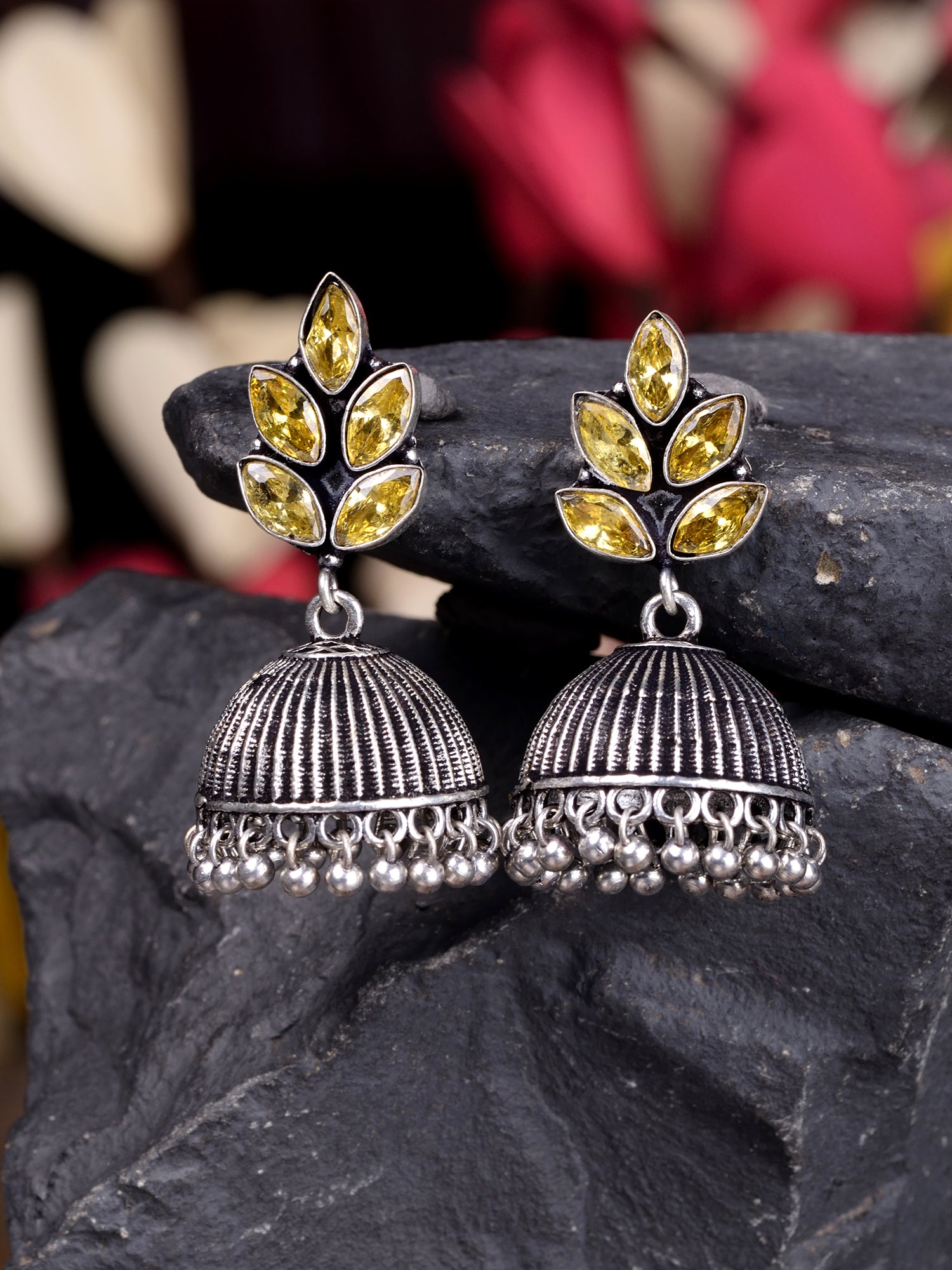 Oxidised Silver Toned Yellow Stone Studded Jhumka Earrings