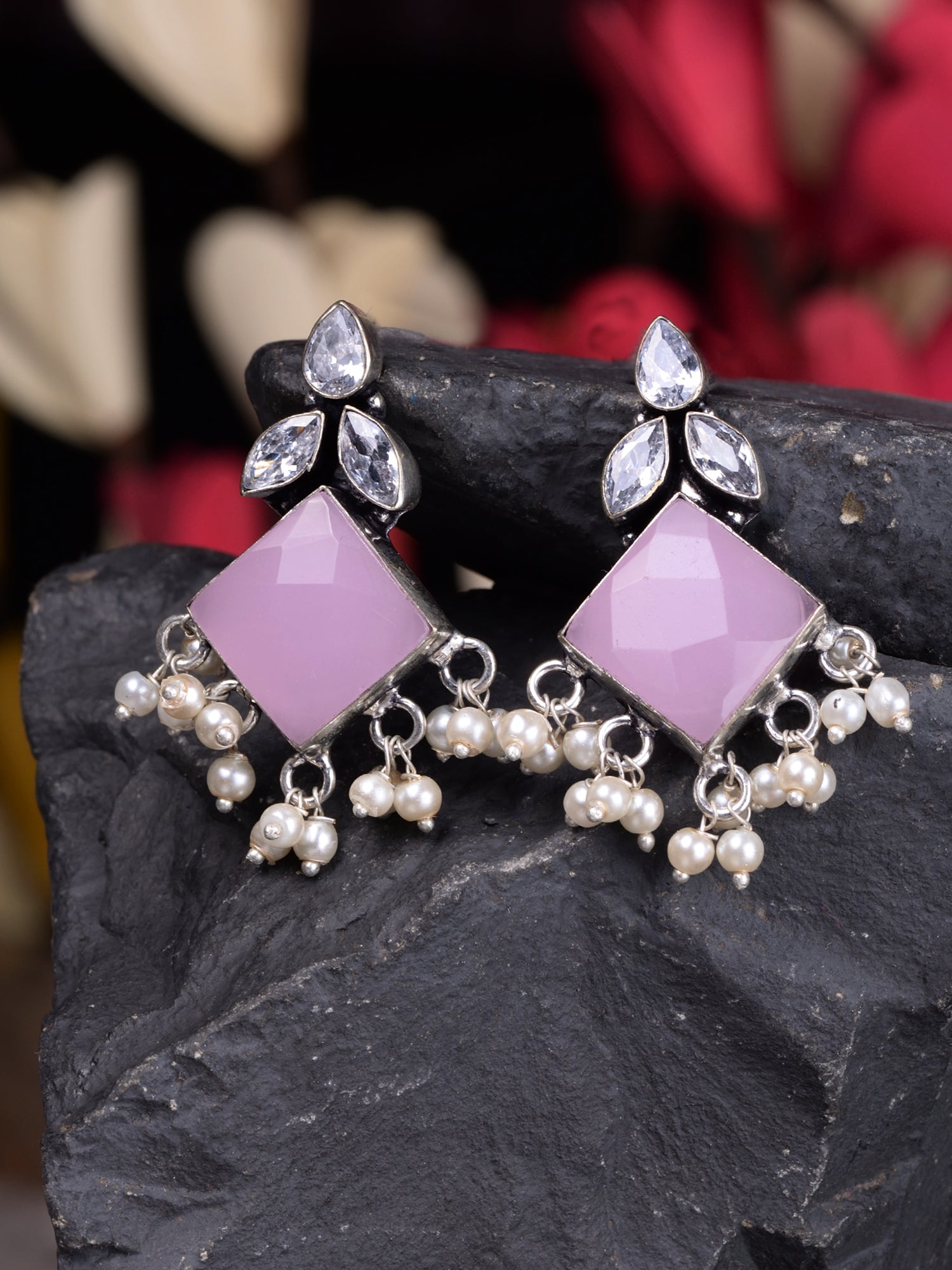 Silver Plated Pink stone & Pearl Beaded Earrings