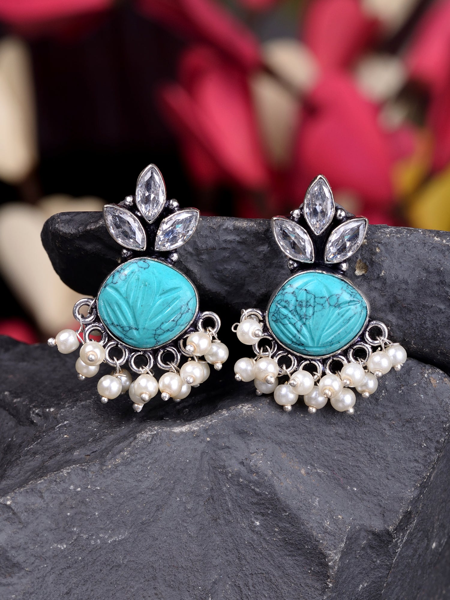 Oxidised Silver Toned Aqua Stone Studded Jhumka Earrings
