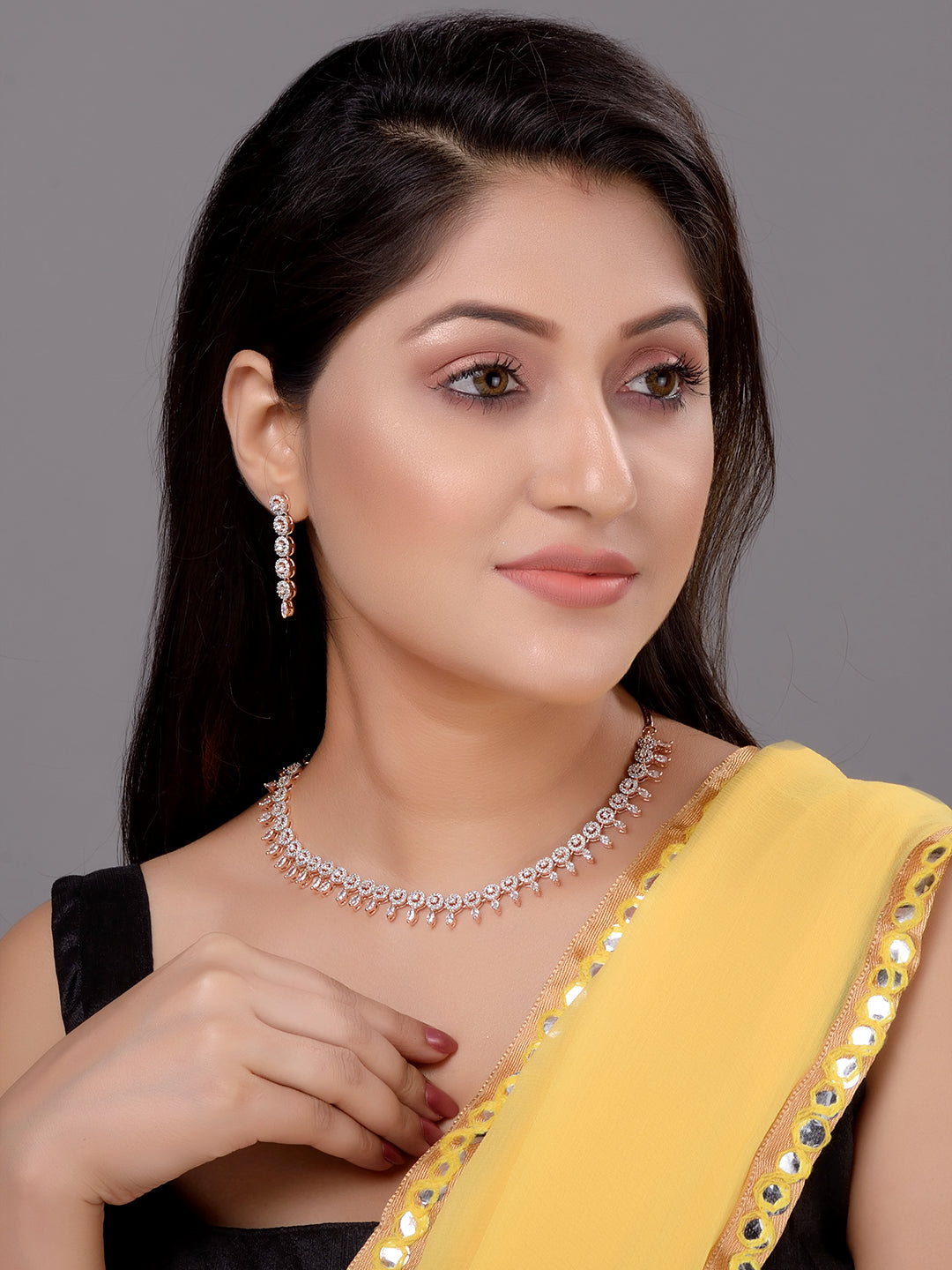 Rose Gold Plated White AD Studded Handcrafted Contemporary Jewellery Set Dropdown Earrings