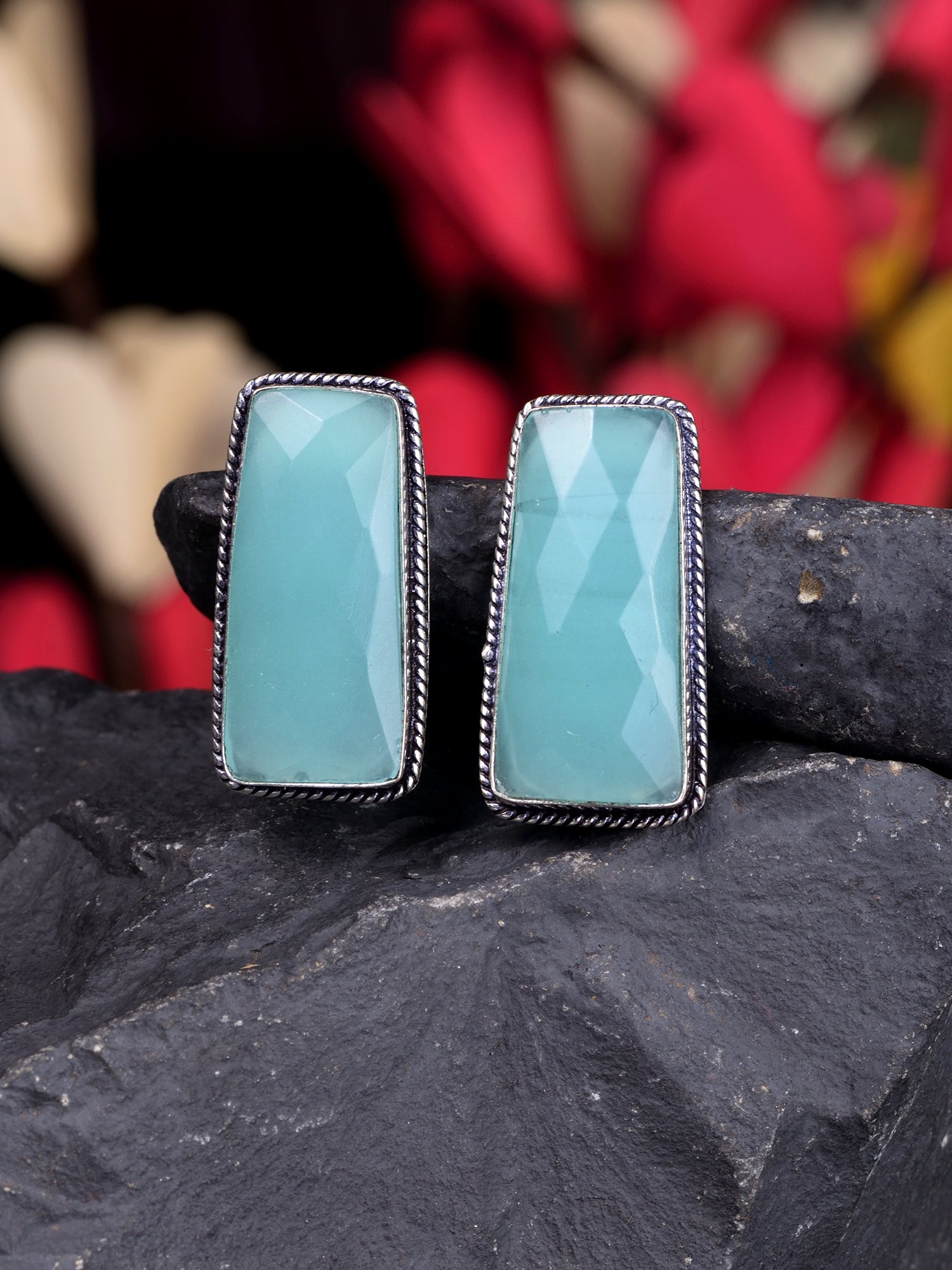 Silver Plated Aqua Turquoise Stone Studs Earrings