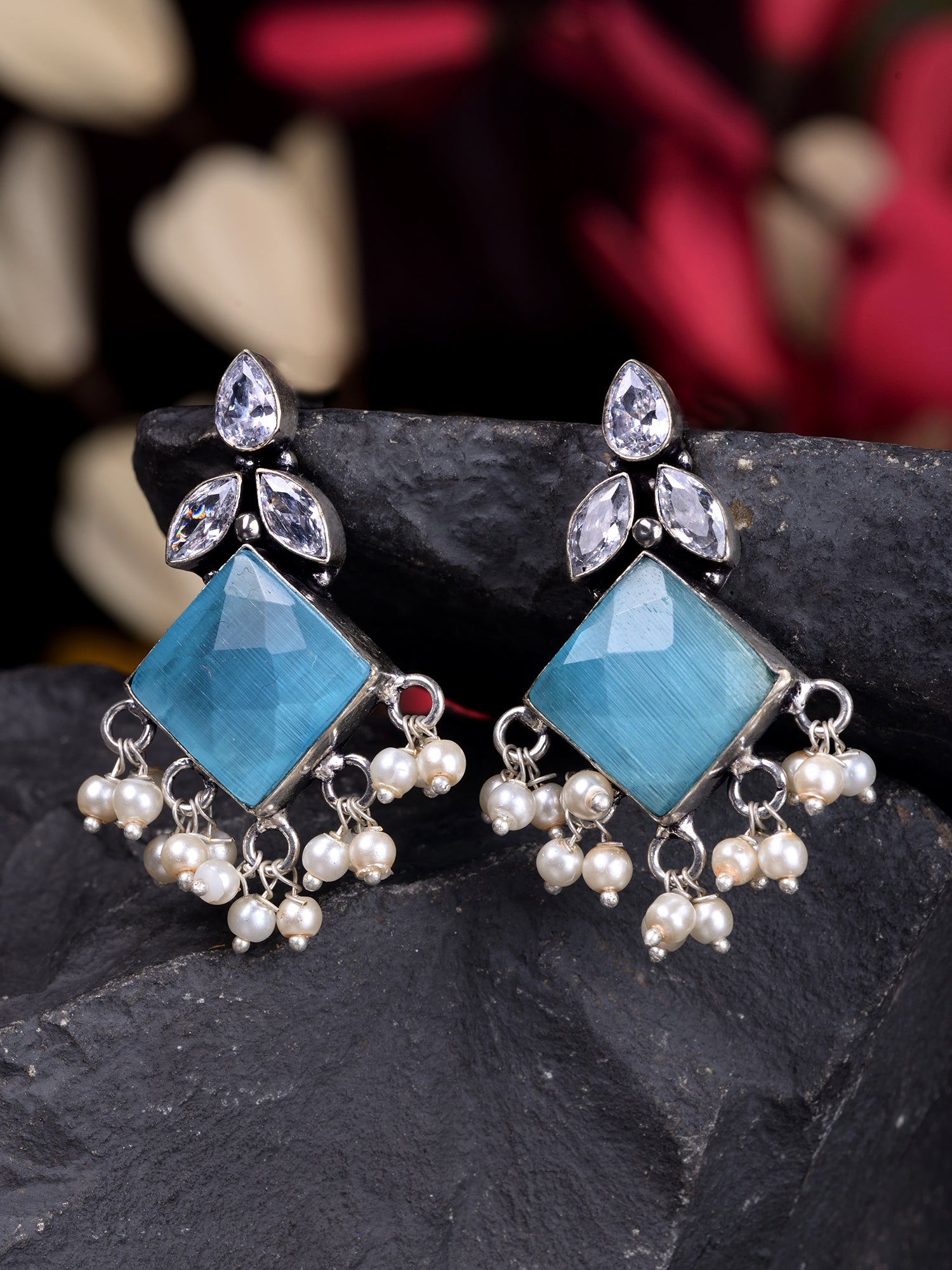Oxidised Silver Toned Turquoise Stone Pearl Studded Earrings