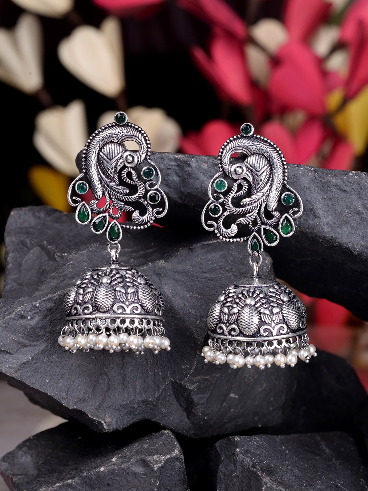 Silver Oxidised Peacock Contemporary Jhumka Earrings