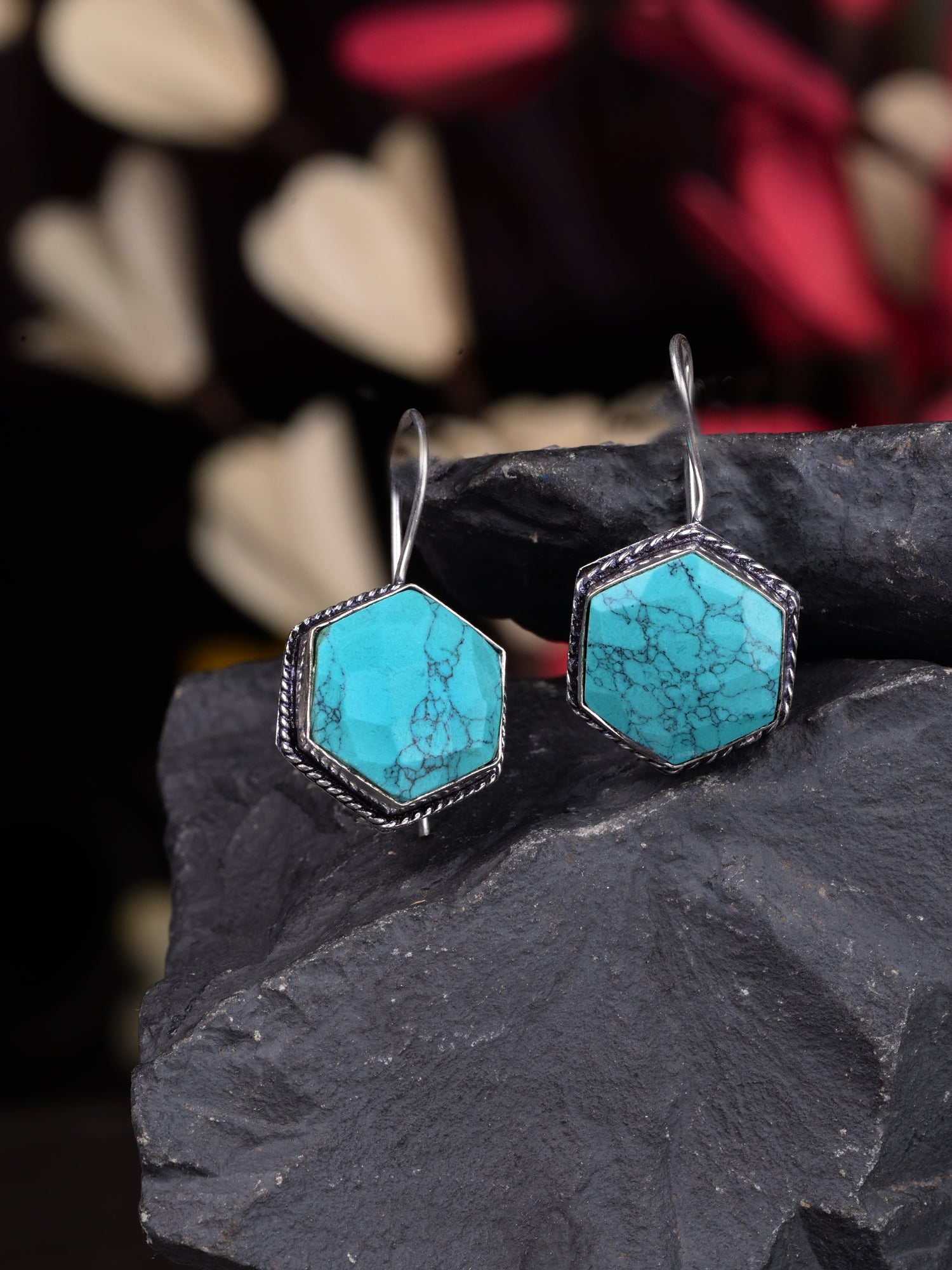 Silver Oxidised Aqua turquoise Stone Studded Earrings