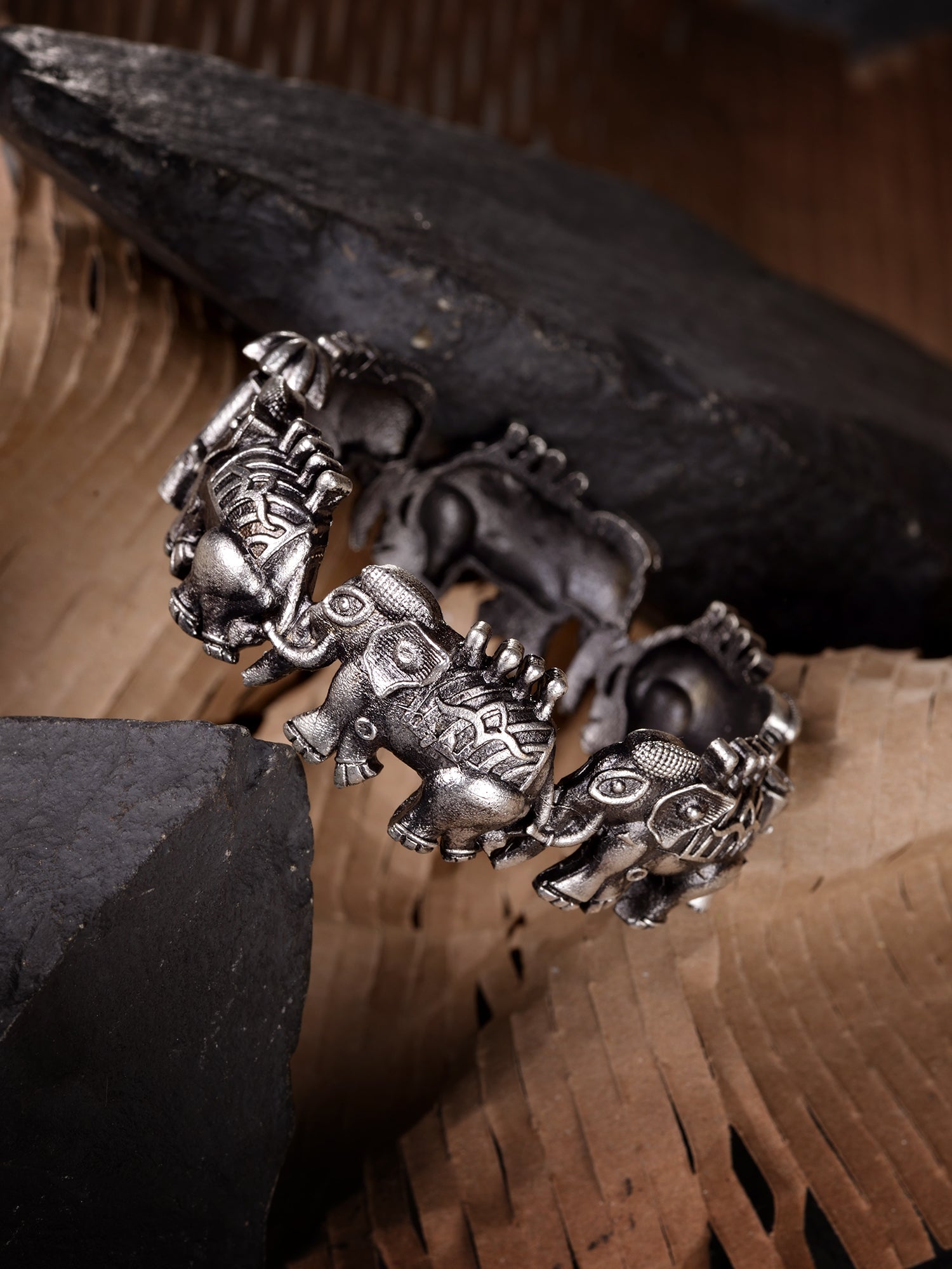 Oxidised Silver Toned Elephant Design Tribal kada Bracelet