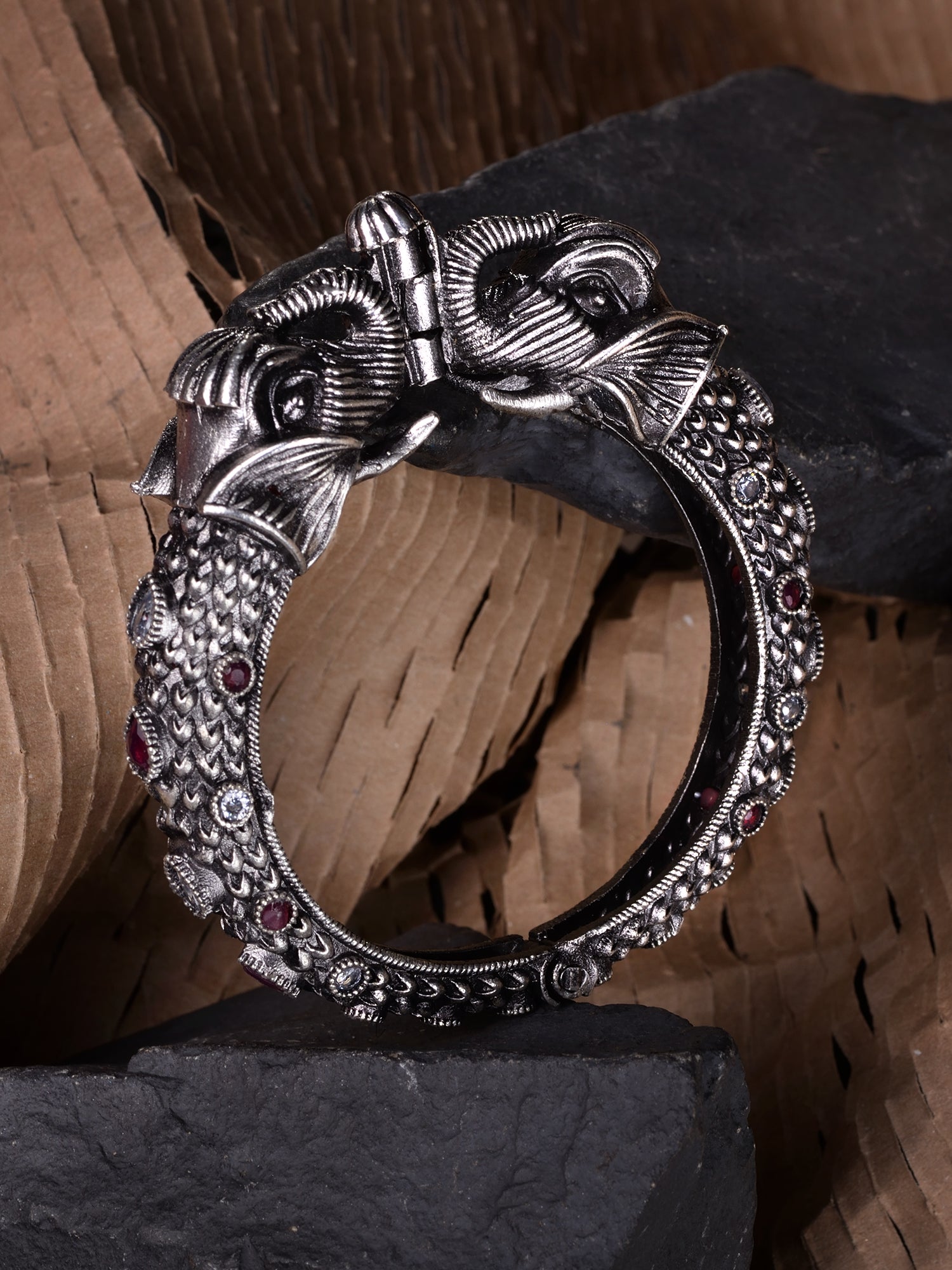 Oxidised Silver Toned Antique Elephant Motif kada Bracelet
