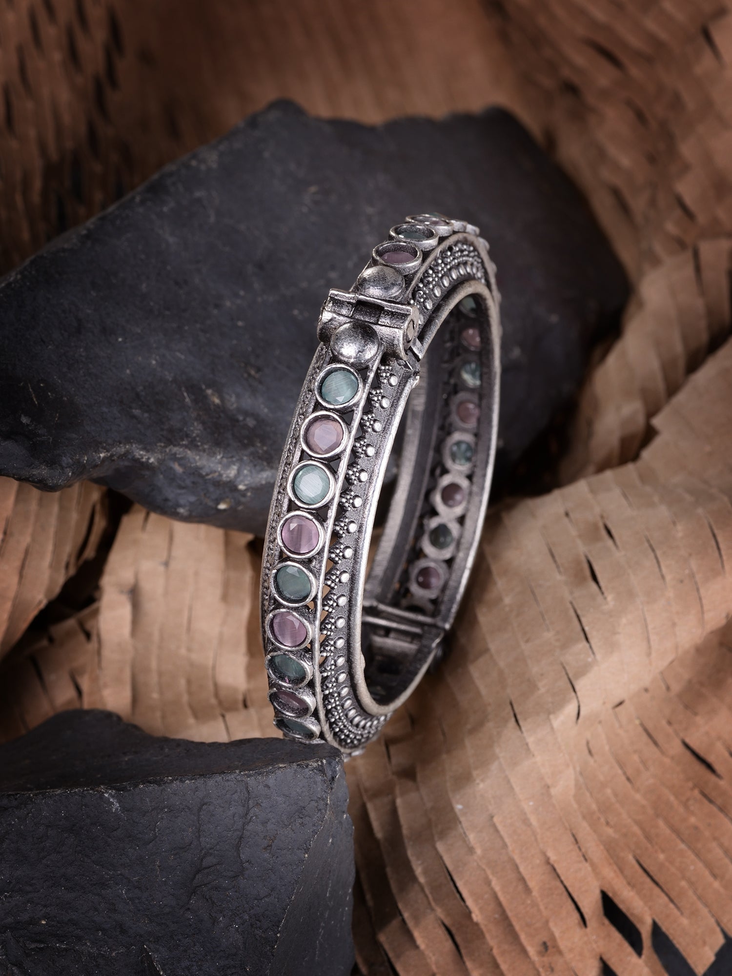 Oxidised Silver Toned Pink Mint Stone Studded Openable Kada Bracelet