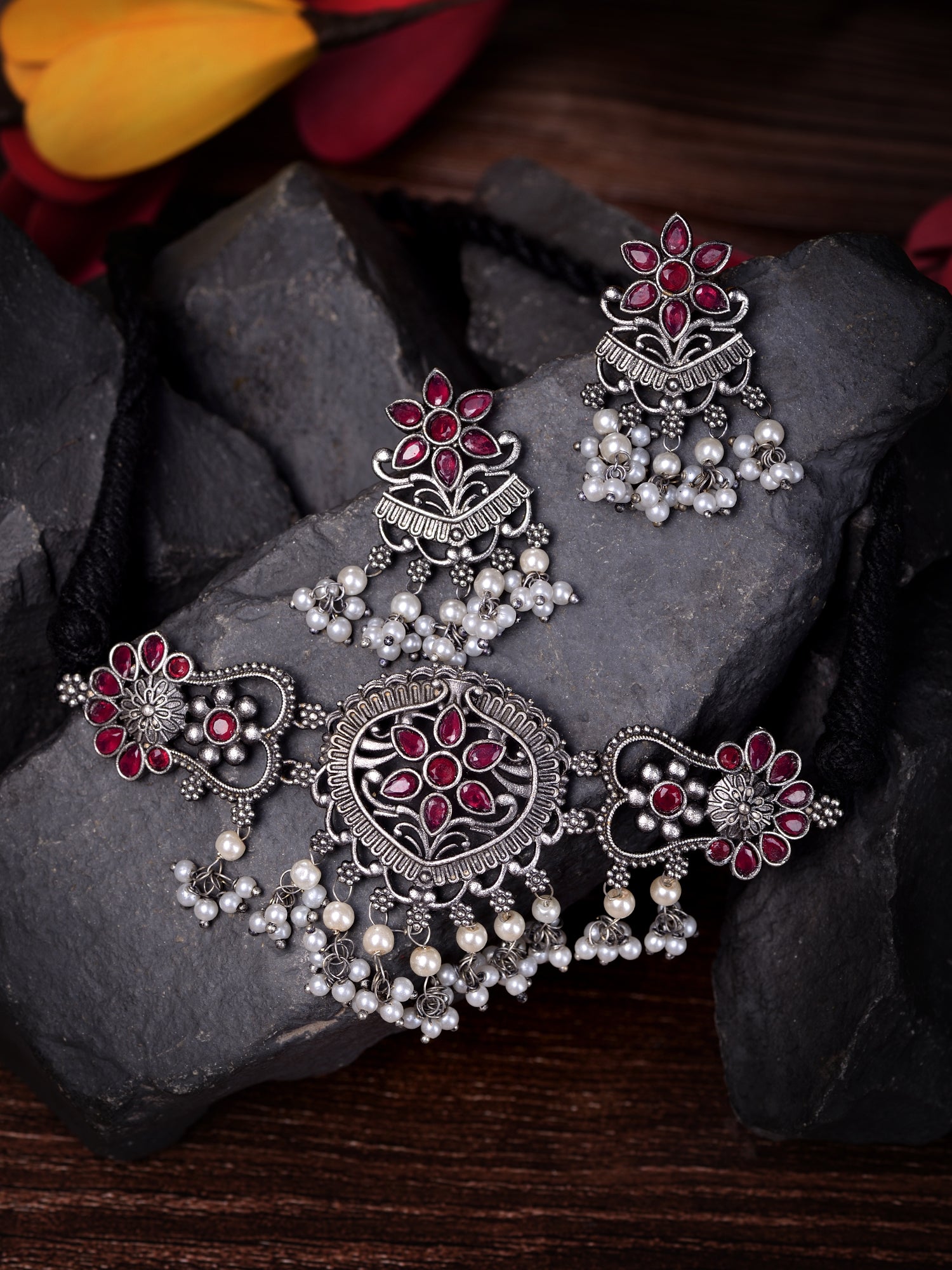 Silver Oxidised Red Stone Studded Tribal Choker Jewellery set
