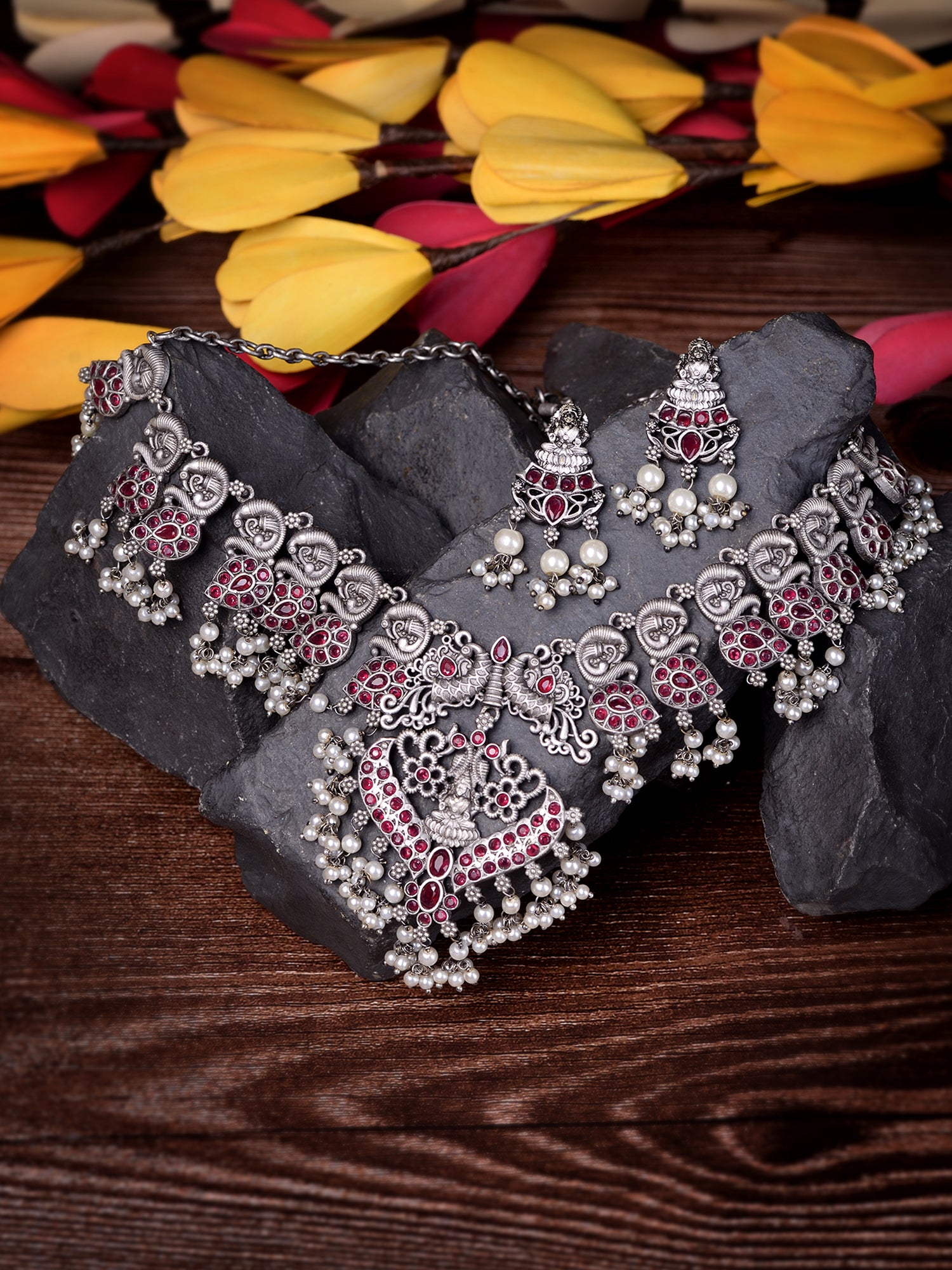 Oxidised Silver Toned Antique Temple Peacock Design Choker Jewellery set