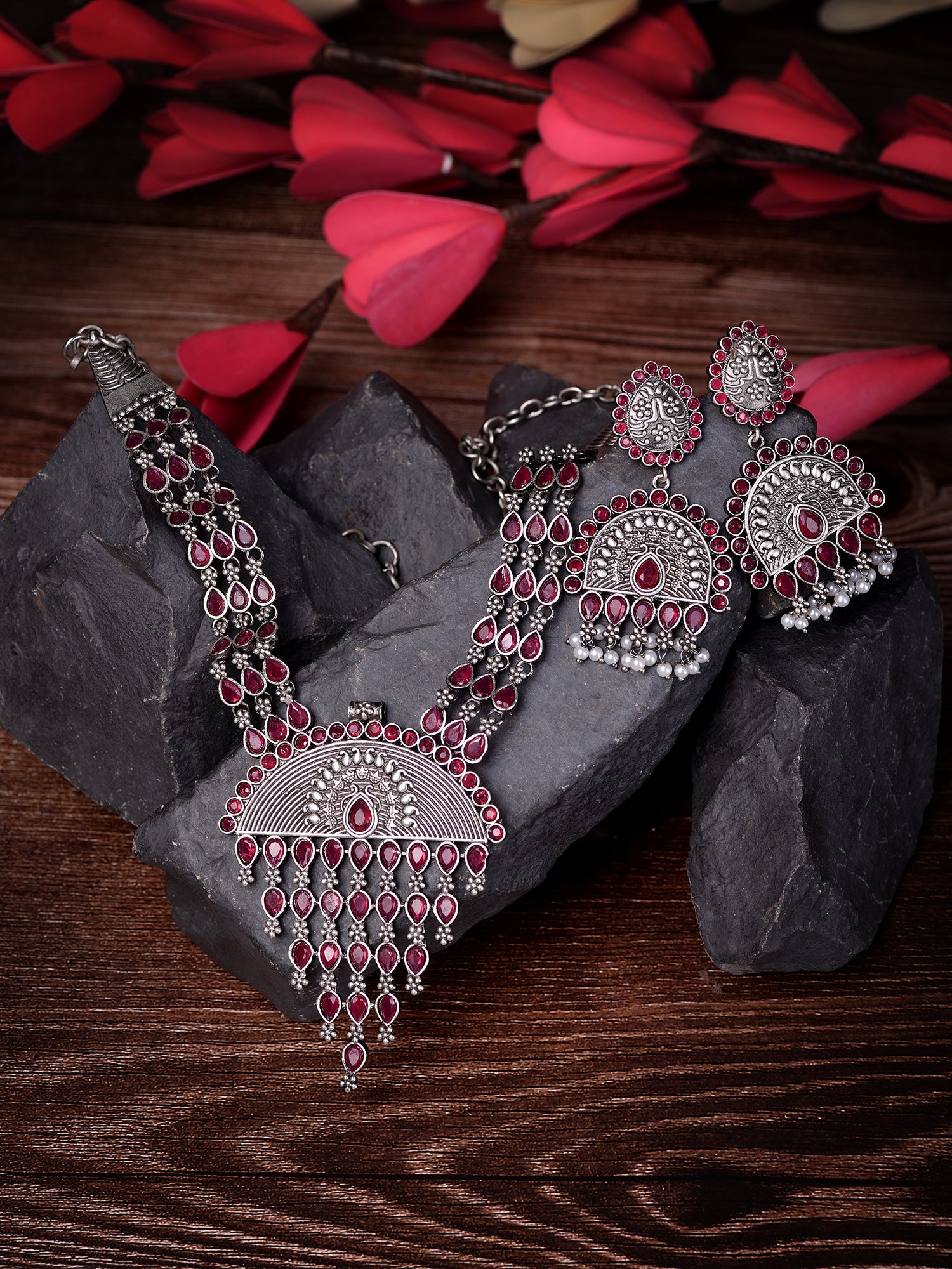 Oxidised Silver Toned Red Stone Studded Tribal Necklace Jewellery set
