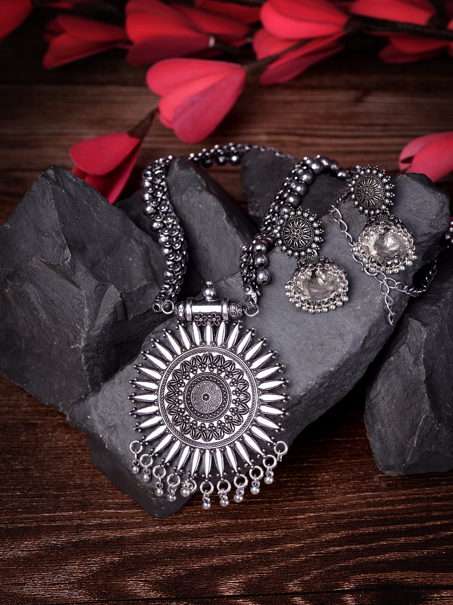Oxidised Silver Plated Solar Design Necklace Jhumki Jewellery Set