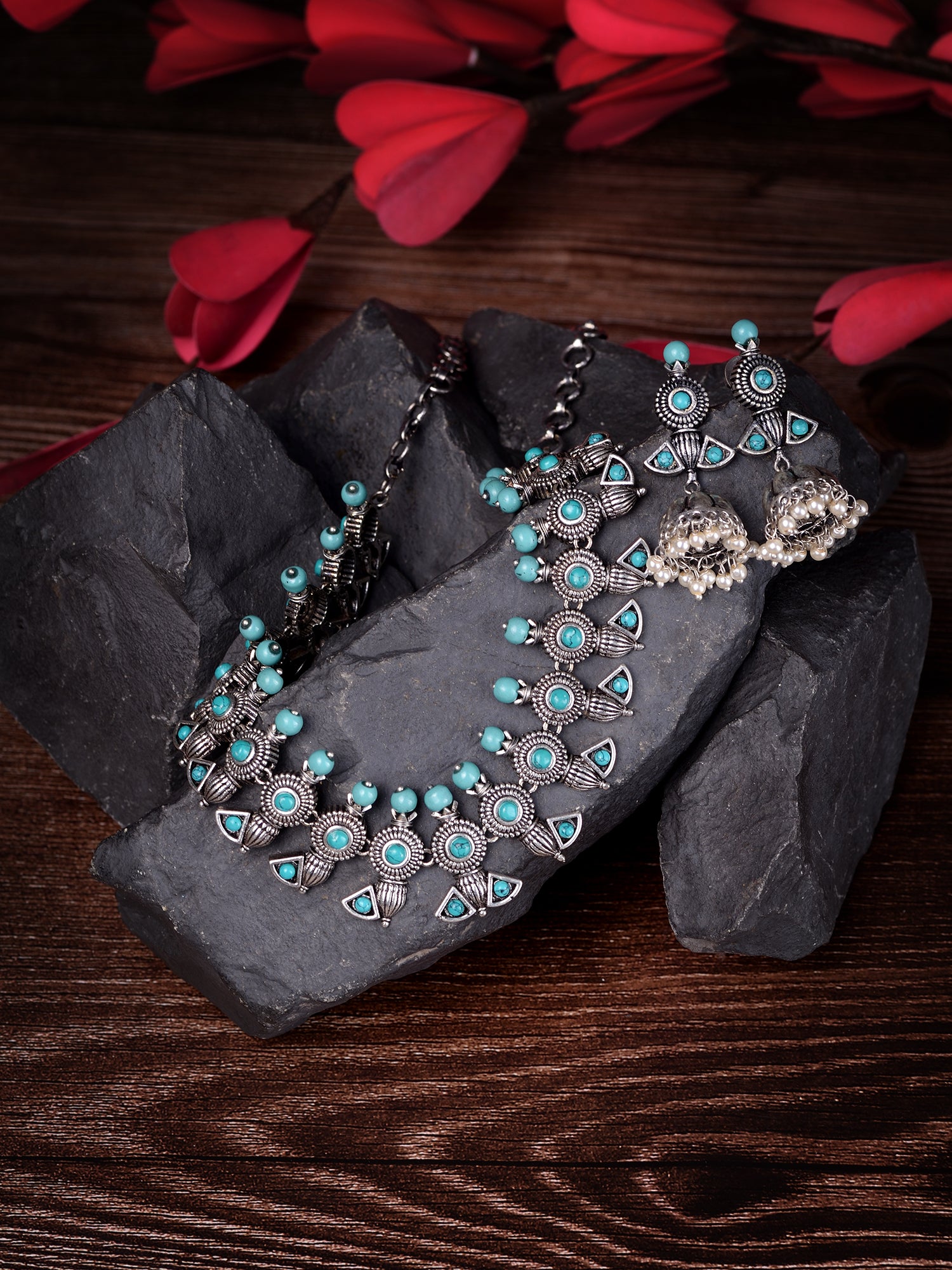 Oxidised Silver Toned Aqua Turquoise Choker Jewellery set