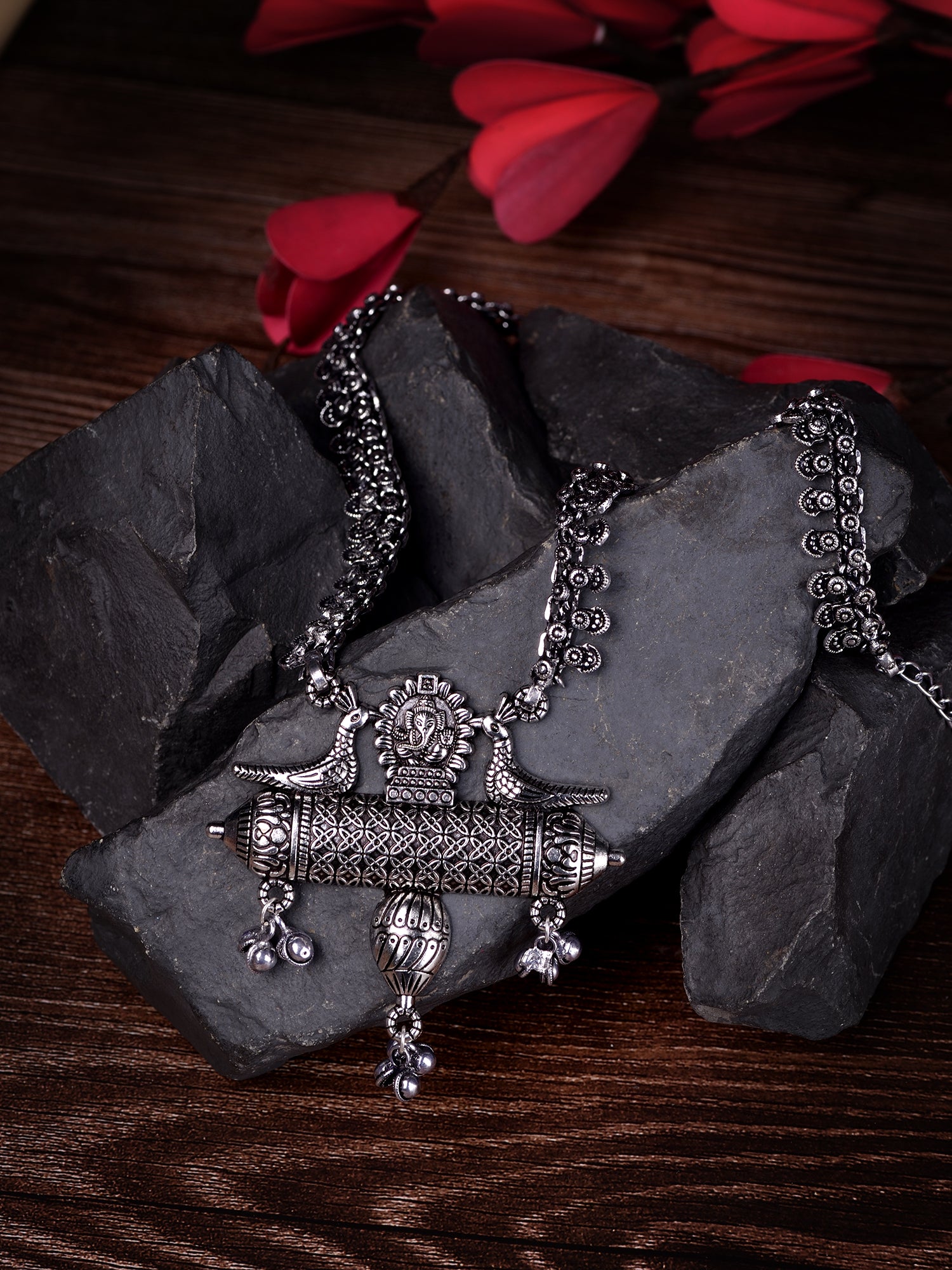 Oxidised Siver Toned Peacock Design Tribal Necklace