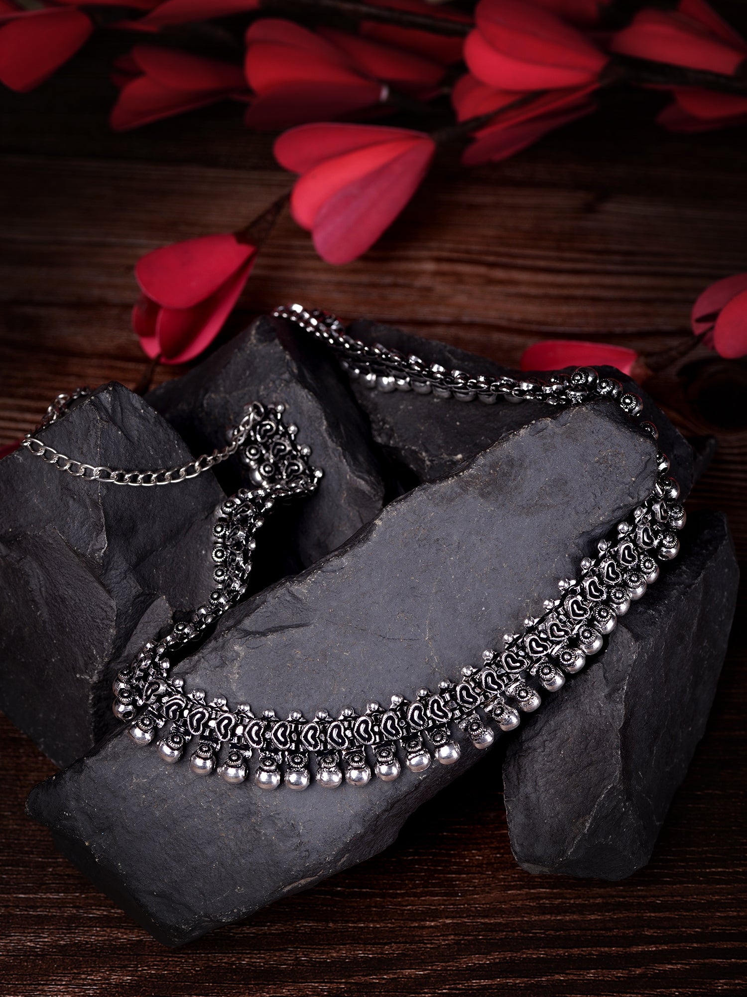 Oxidised Silver Toned Textured Necklace