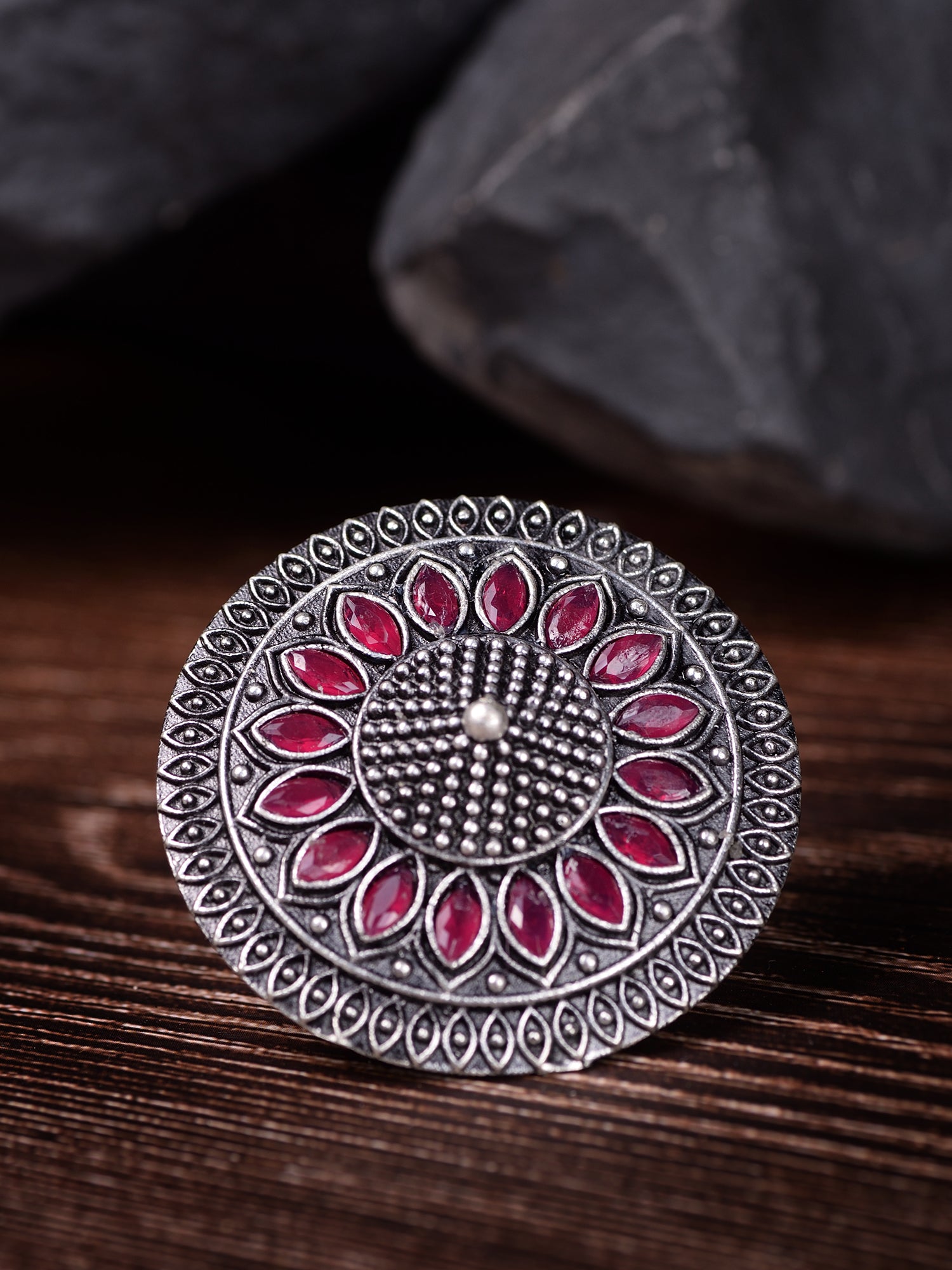 Oxidised Silver Plated Pink Stone Studded Finger Ring