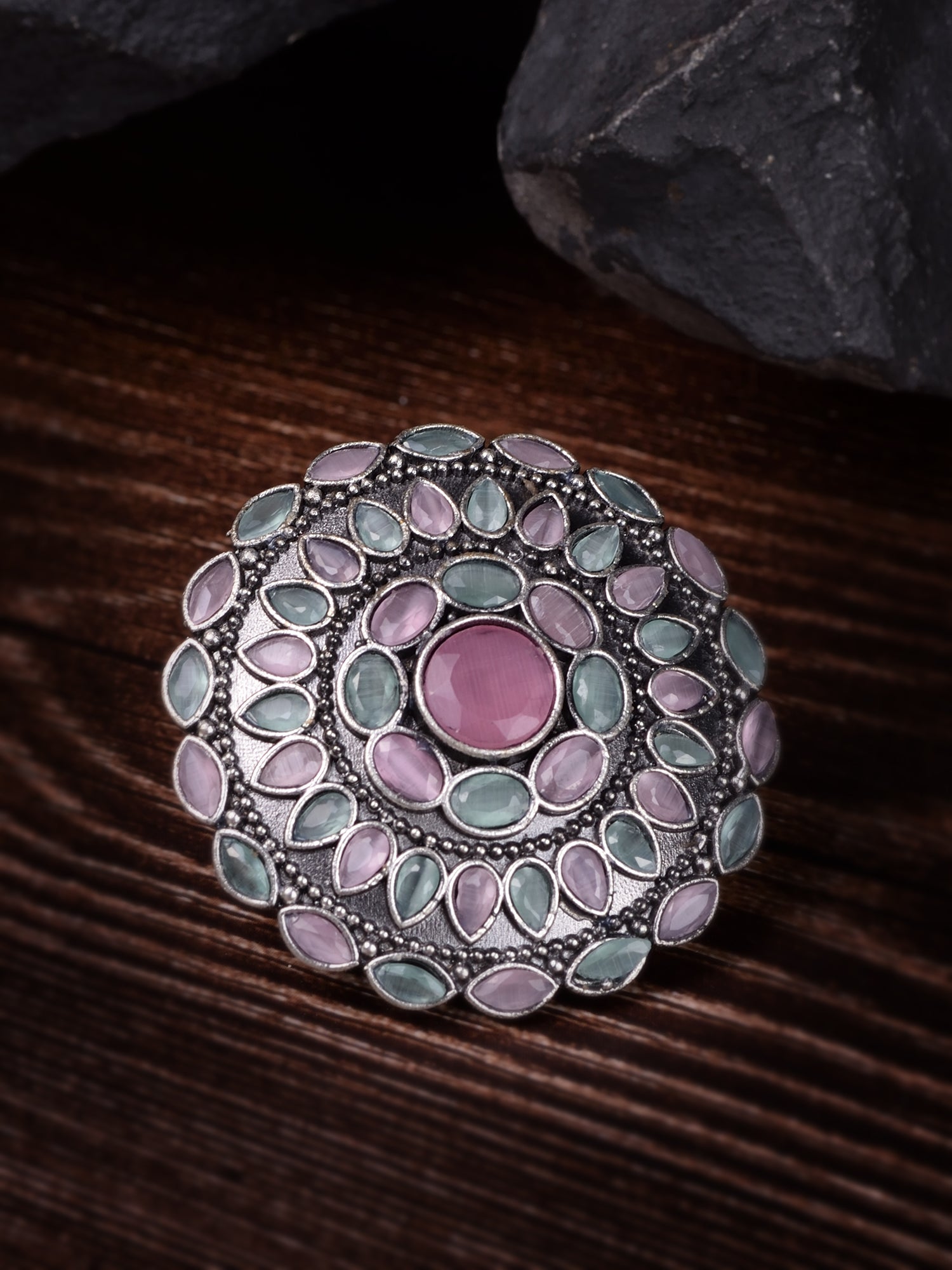 Oxidised Silver Plated Pink Mint Stone Studded Finger Ring
