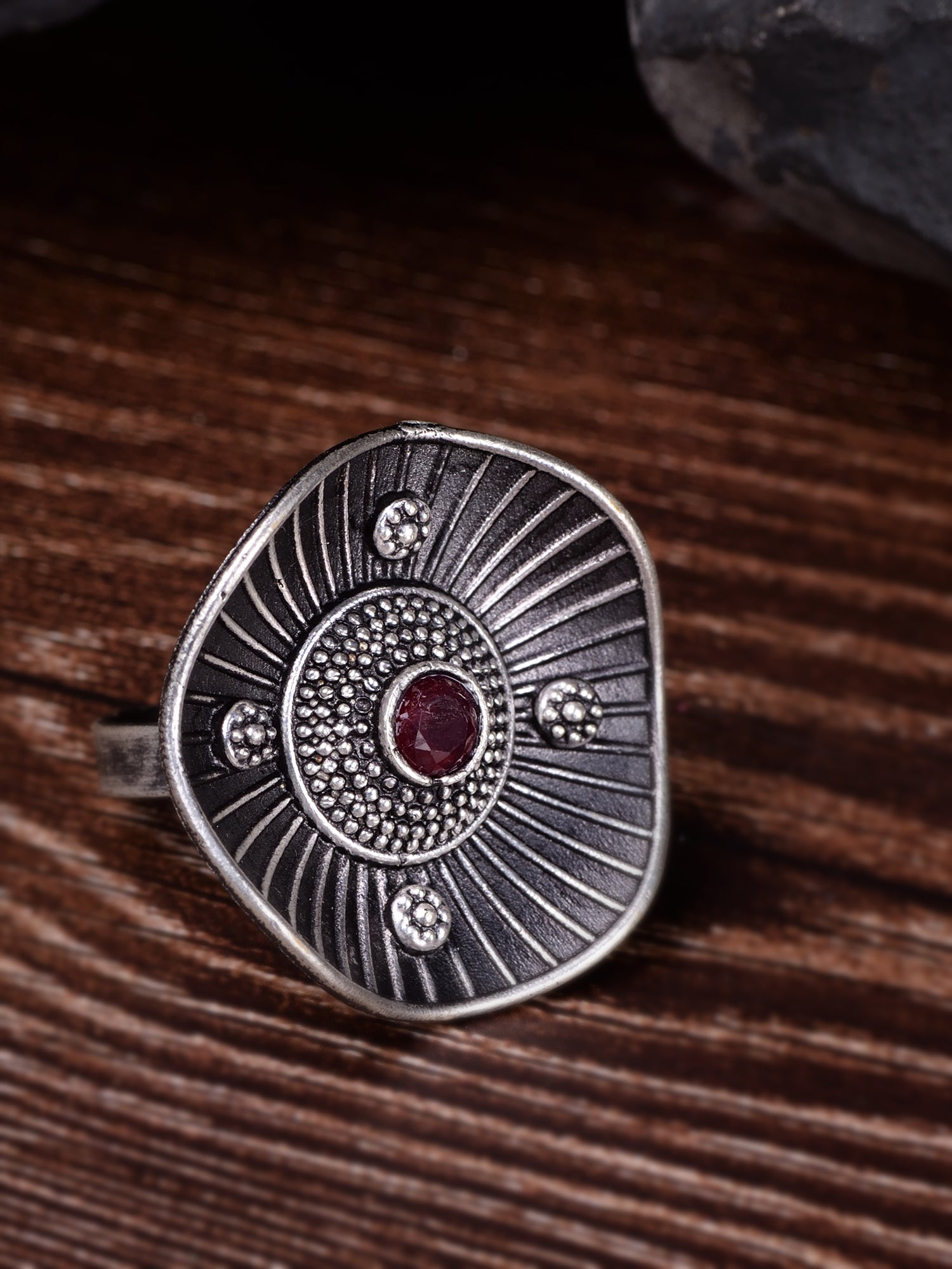oxidised Silver Toned Pink Stone Finger Ring
