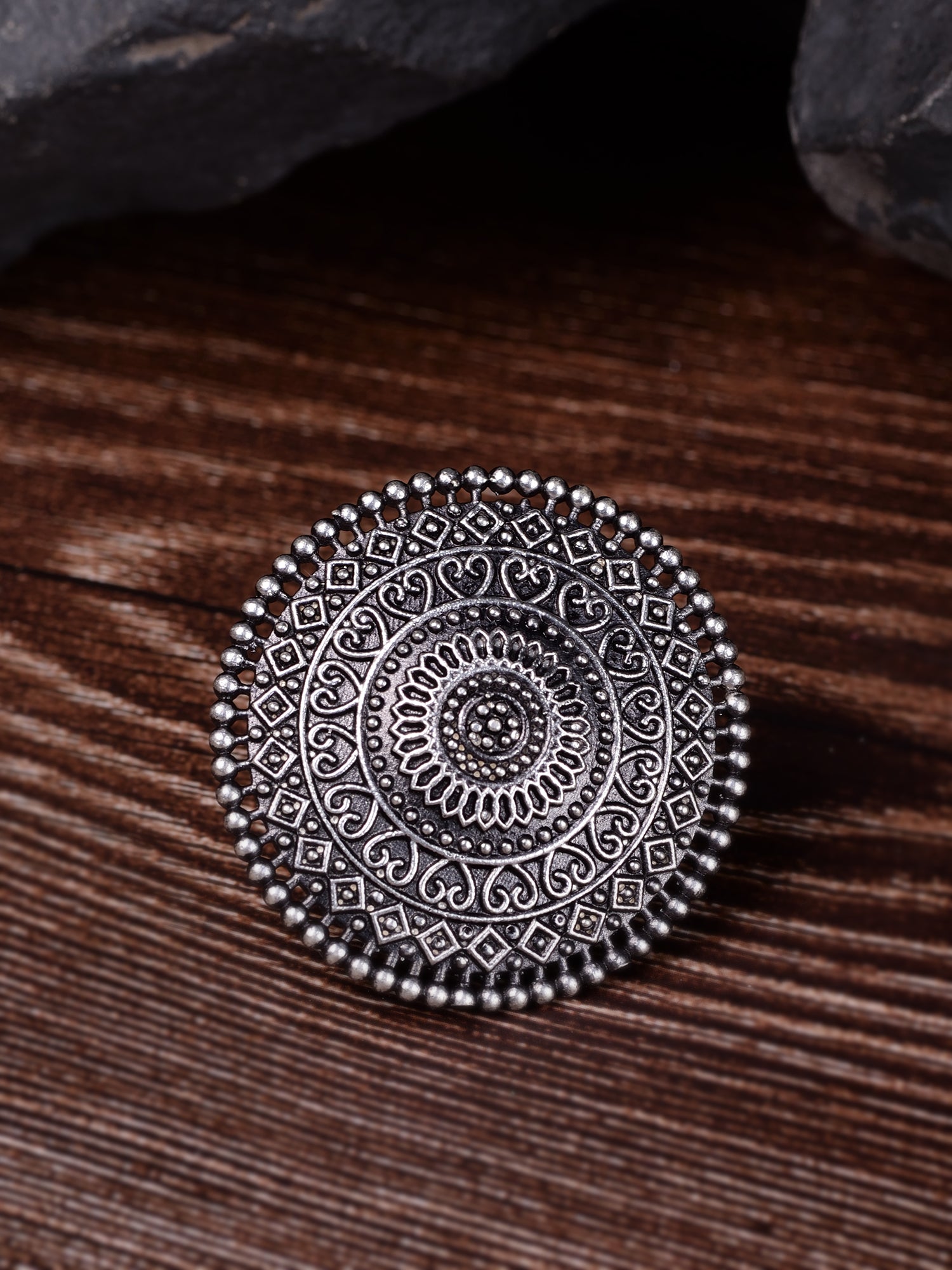 Silver Oxidised Plated Filigree Cocktail Finger Ring