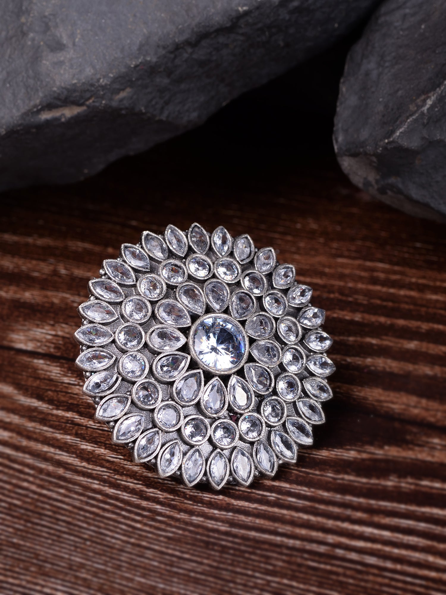 Oxidised Silver Plated White Stone Studded Cocktail Finger Ring