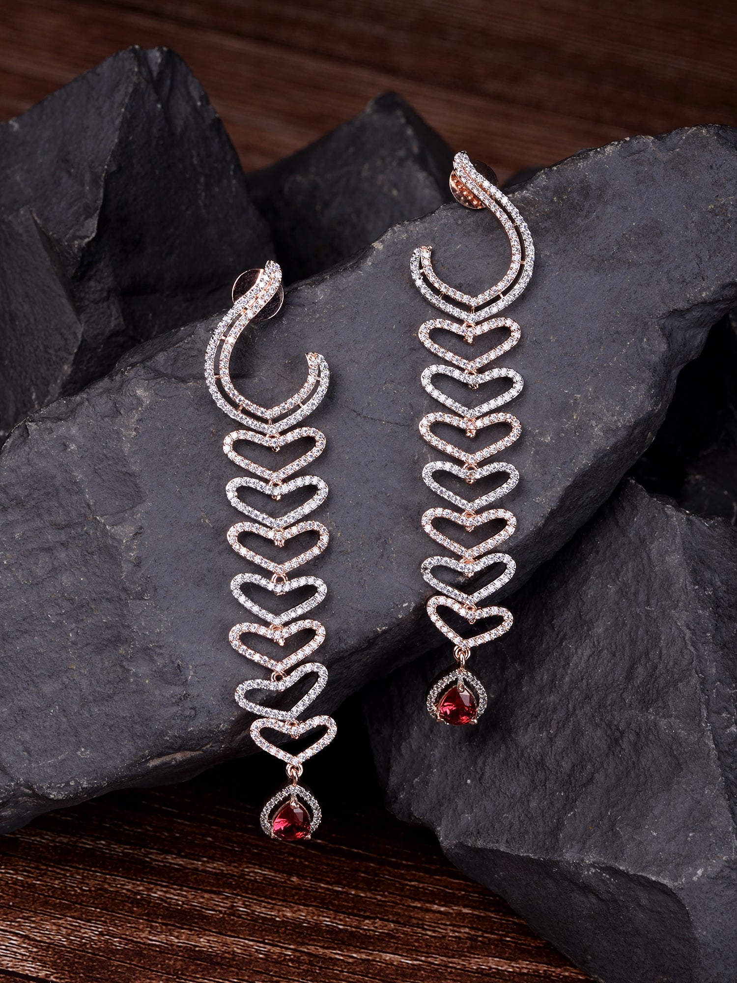 Rose Gold Plated Red AD Studded Heart Shaped Long Dangler Earrings
