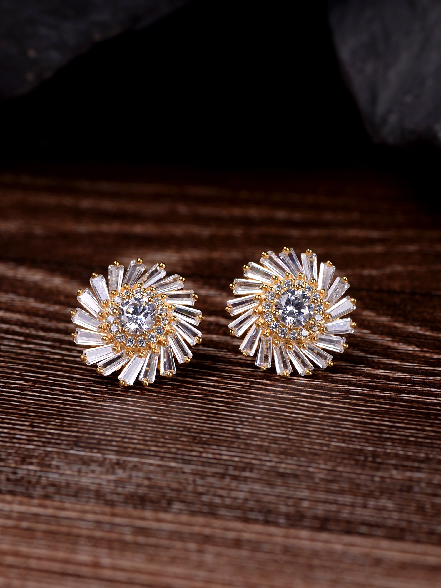 Gold Toned White AD Studded Sun Stud Earrings