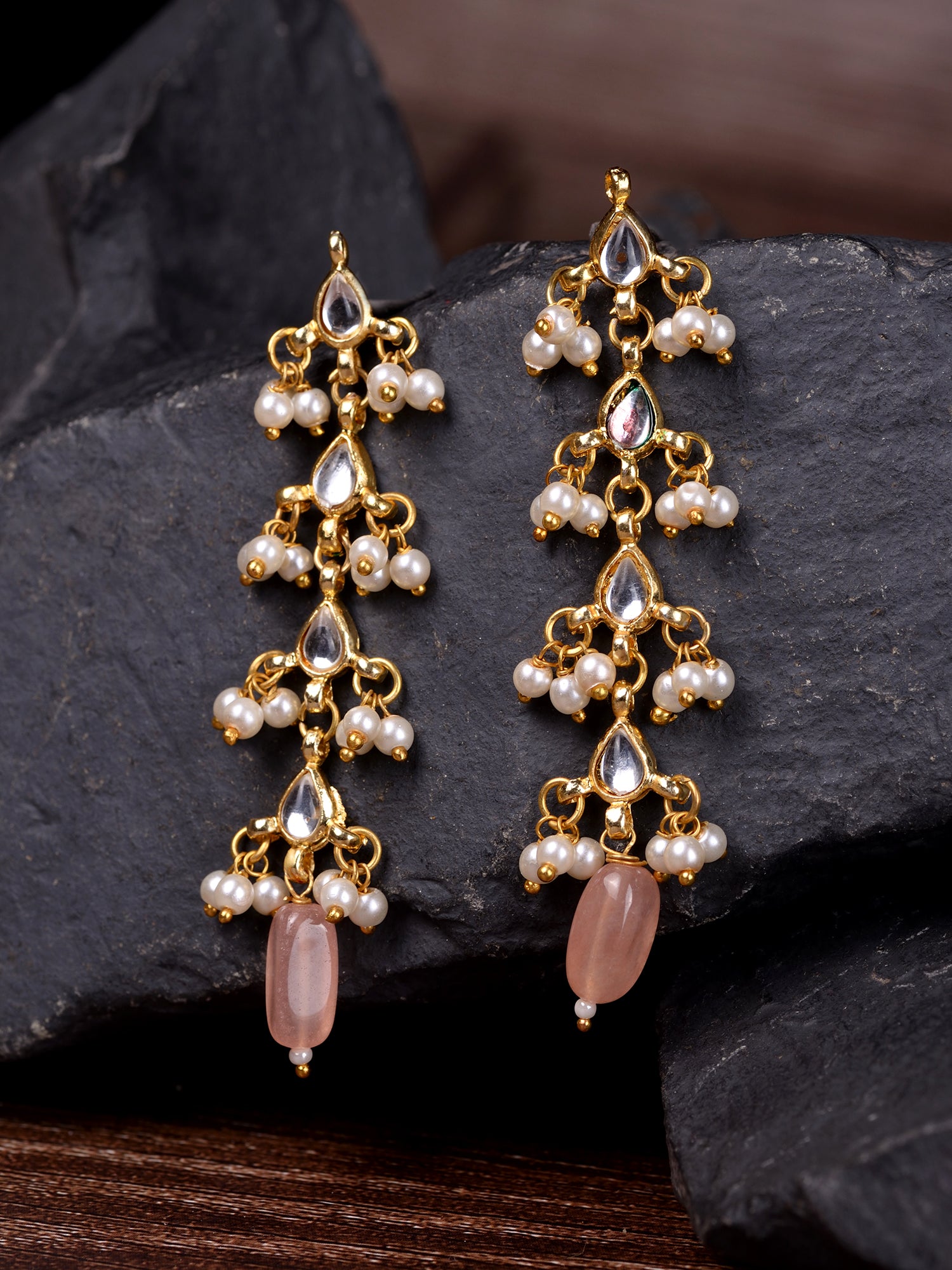 Gold Plated Kundan Pearl Beaded Dropdown Earrings