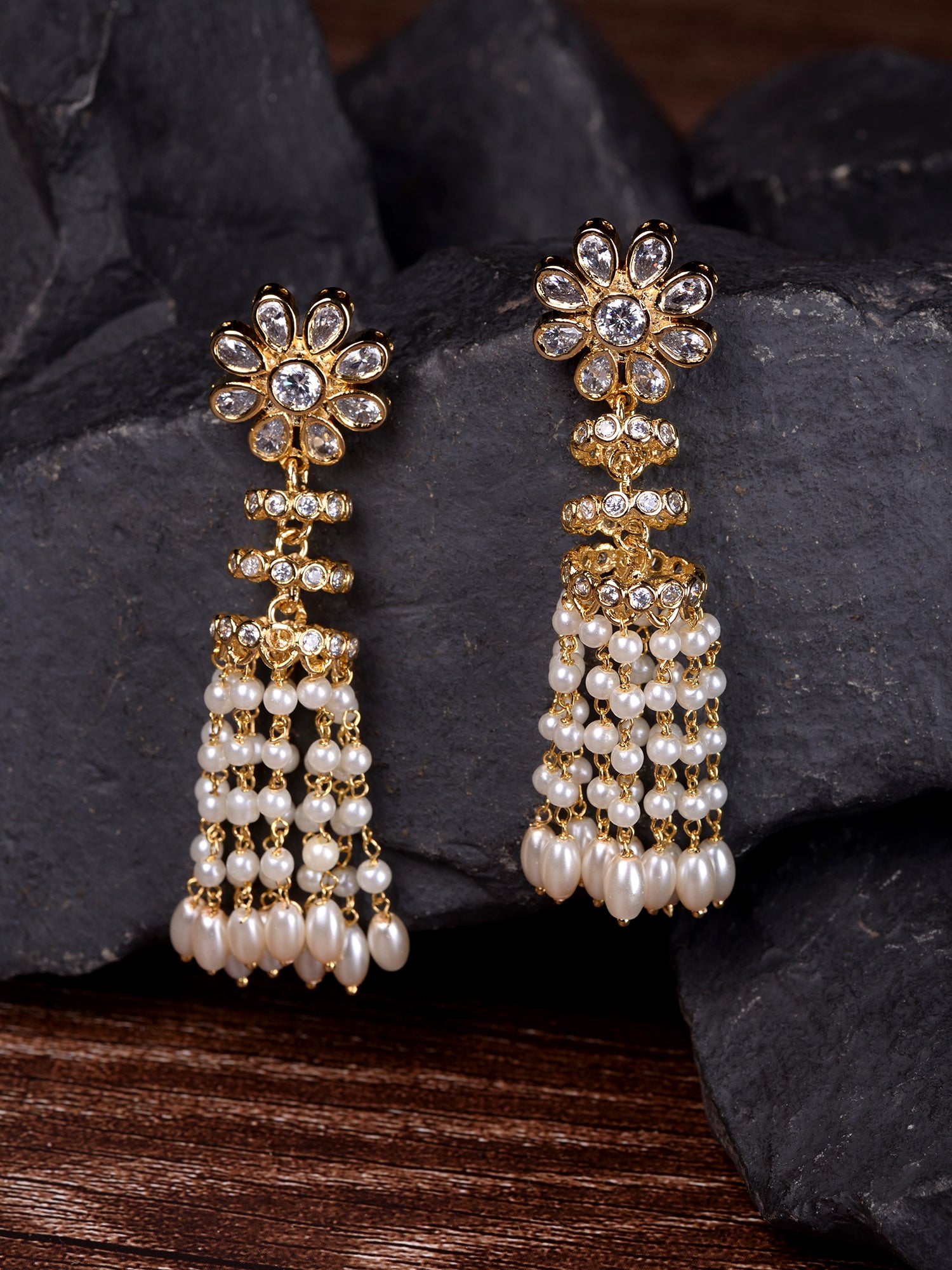 Gold plated polki Pearl Beaded Light Weight Chandelier Earrings